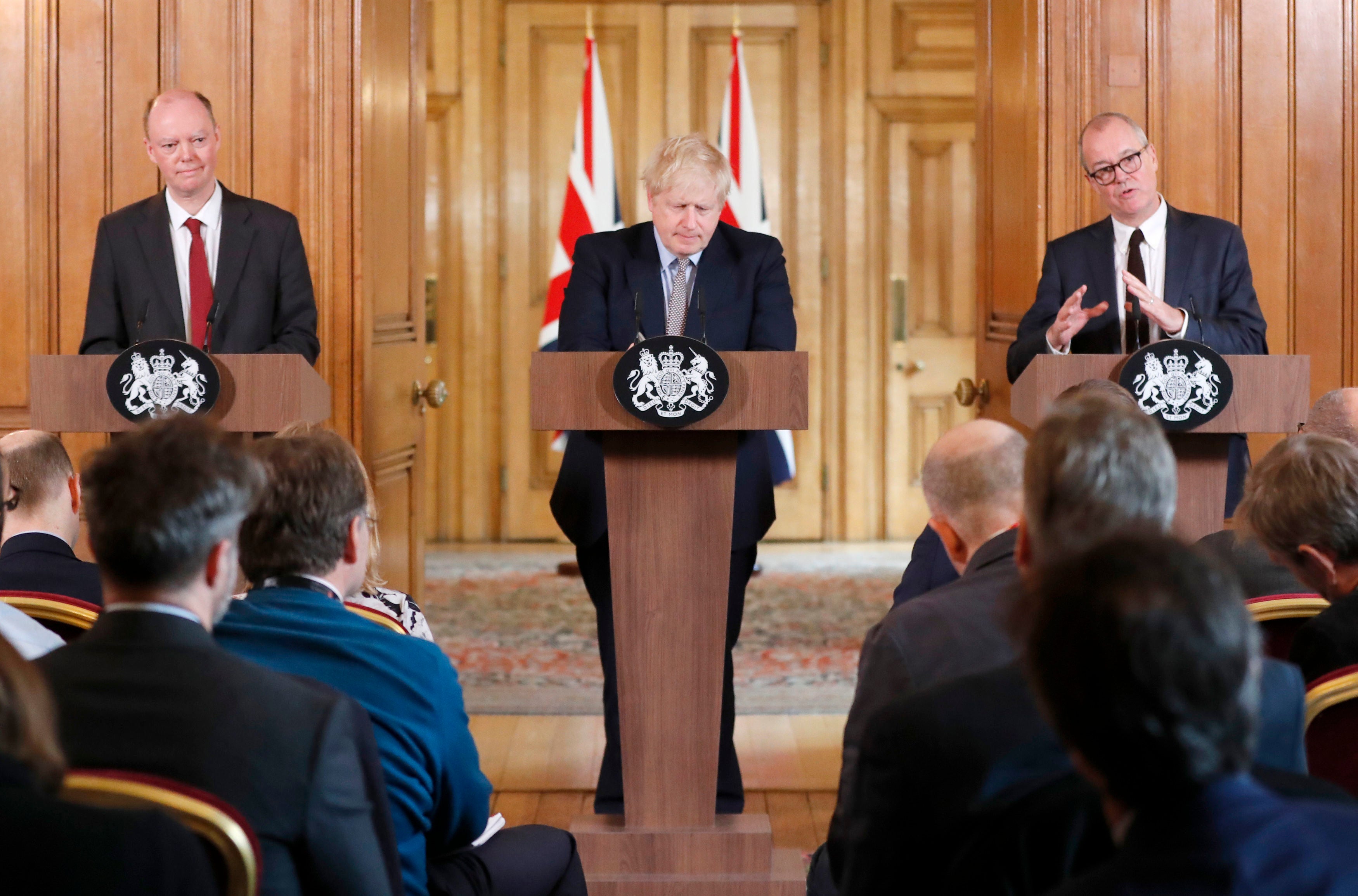 Chris Whitty, then Prime Minister Boris Johnson and then Chief Scientific Adviser Sir Patrick Vallance during a Covid-19 press conference at Downing Street