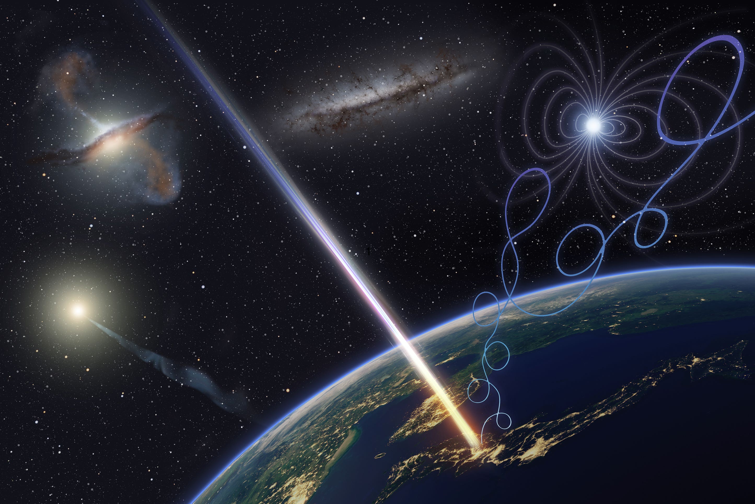 An artist’s illustration of the Amaterasu particle (Osaka Metropolitan University/Kyoto University/Ryuunosuke Takeshige)