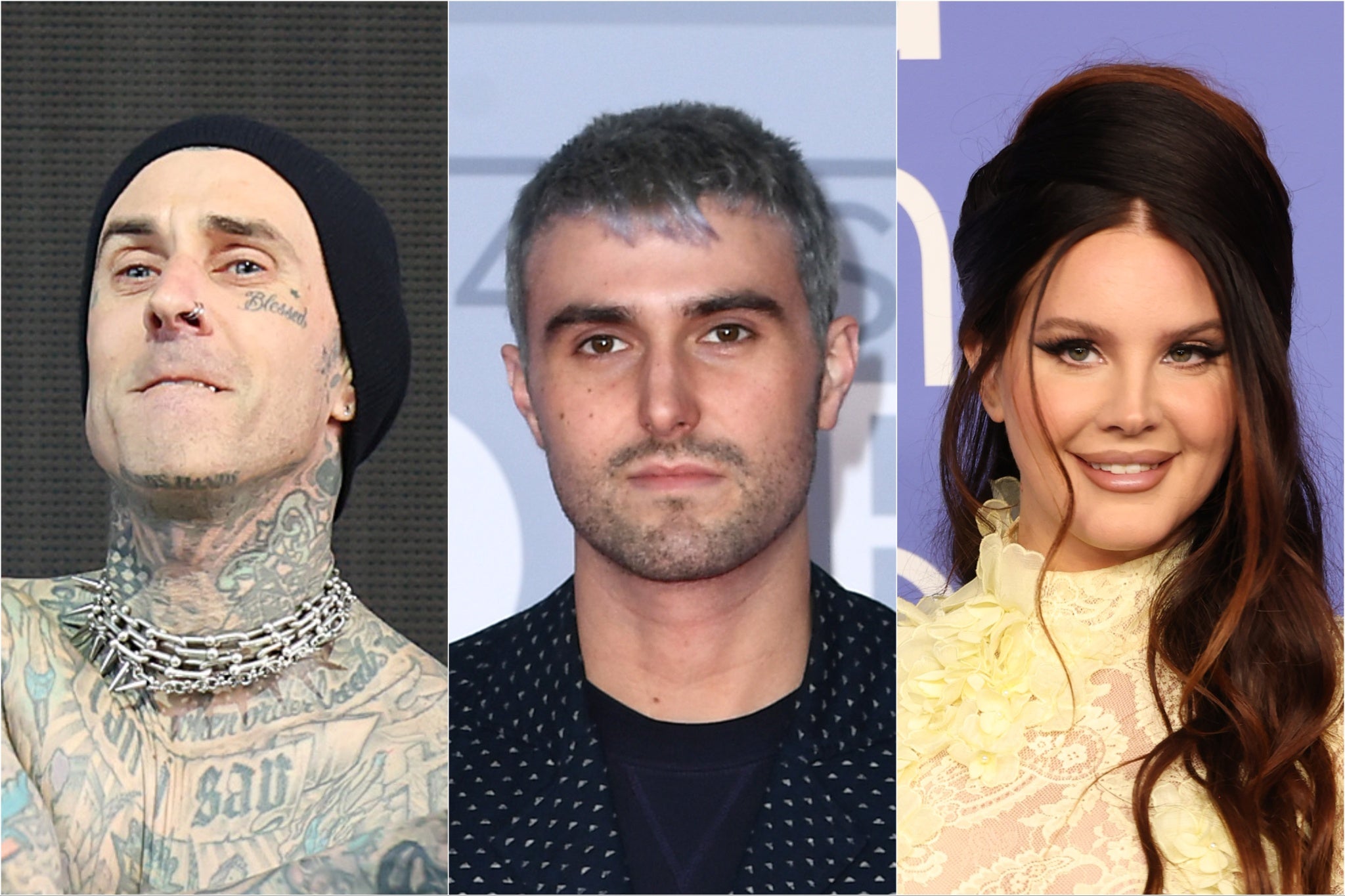 Reading and Leeds headliners (from left) Travis Barker of Blink-182, Fred Again and Lana Del Rey