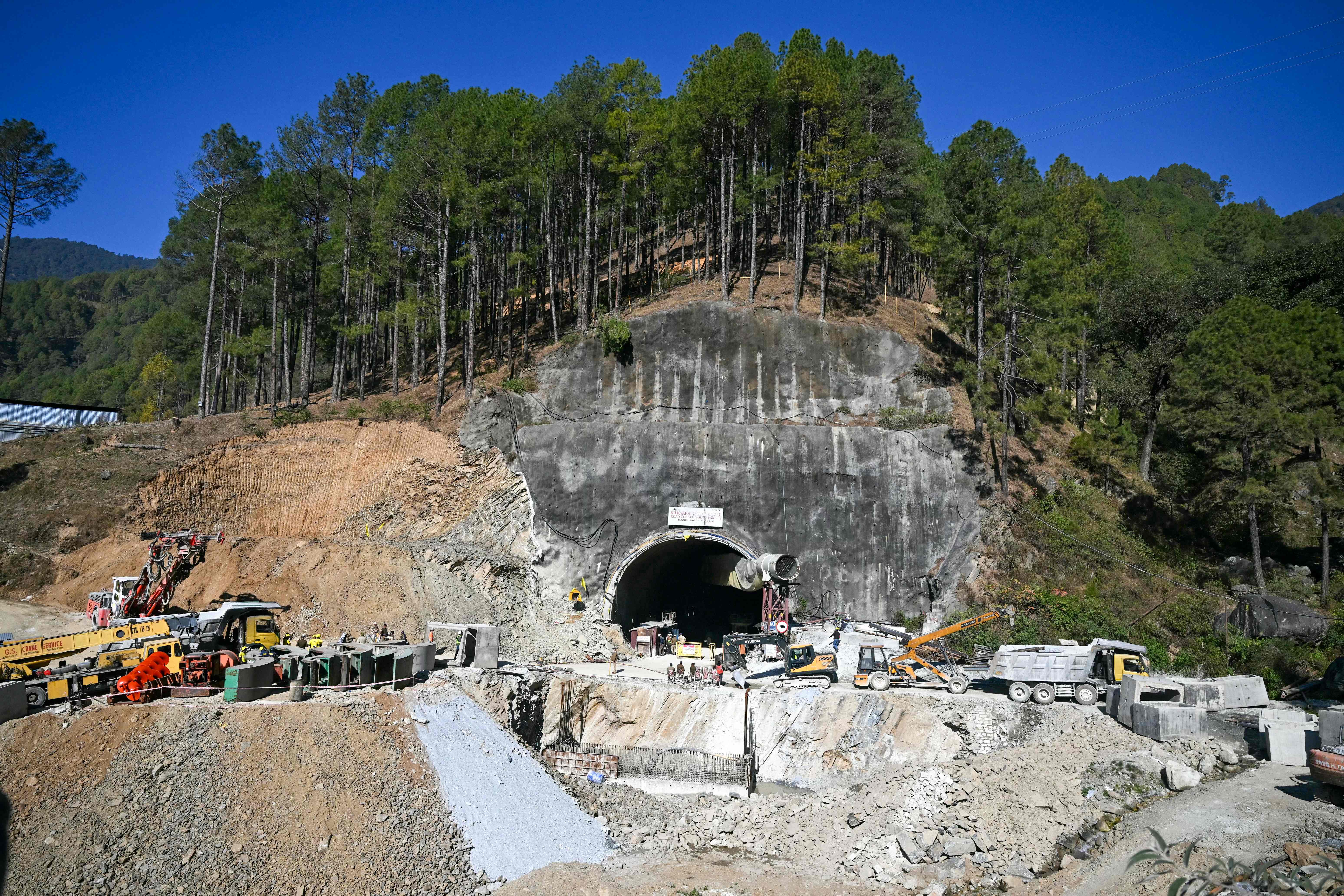 A view of the collapsed under construction Silkyara tunnel in the Uttarkashi district of India's Uttarakhand state