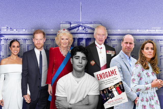 <p>Crown duels: Omid Scobie (centre) packs ‘Endgame’ with gems about the bilious backbiting among the royal family</p>