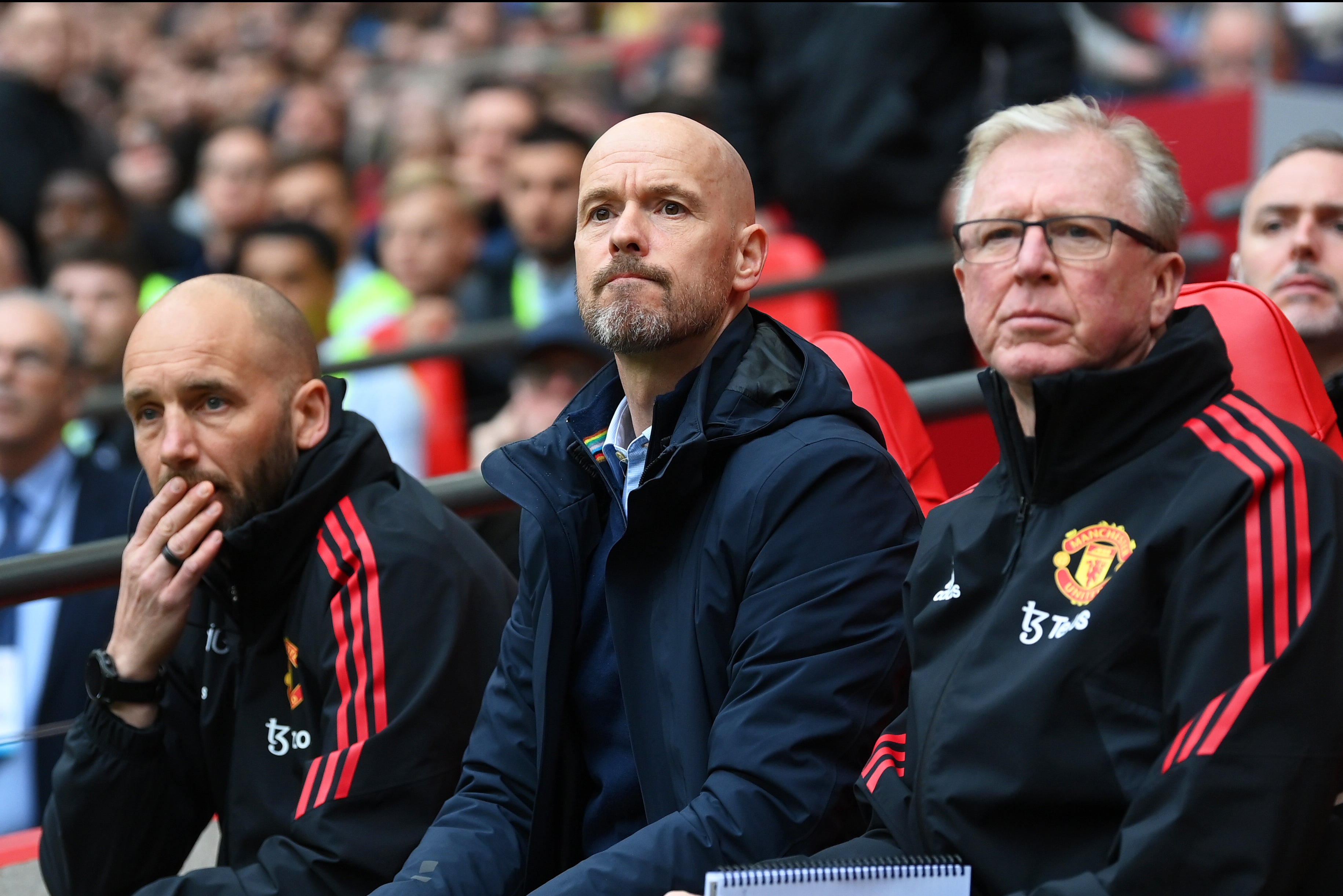 Mitchell van der Gaag (left) and Steve McClaren (right) assist Erik ten Hag