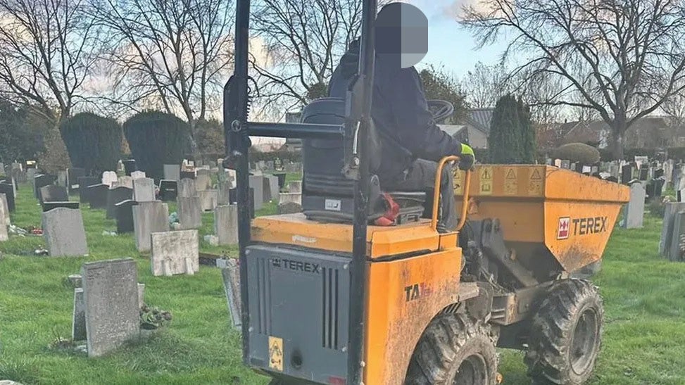 A mini-digger appearing to drive over the graves of people buried at the Gloucestershire cemetery