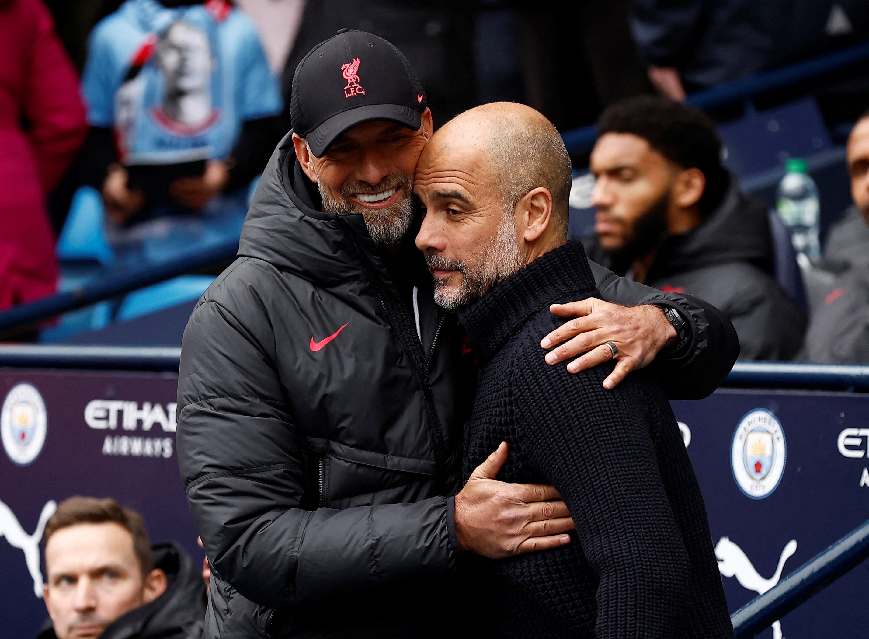 Manchester City manager Pep Guardiola gets a warm welcome from his Liverpool counterpart Jurgen Klopp, who wants to make life ‘really uncomfortable’ for the champions on Saturday afternoon