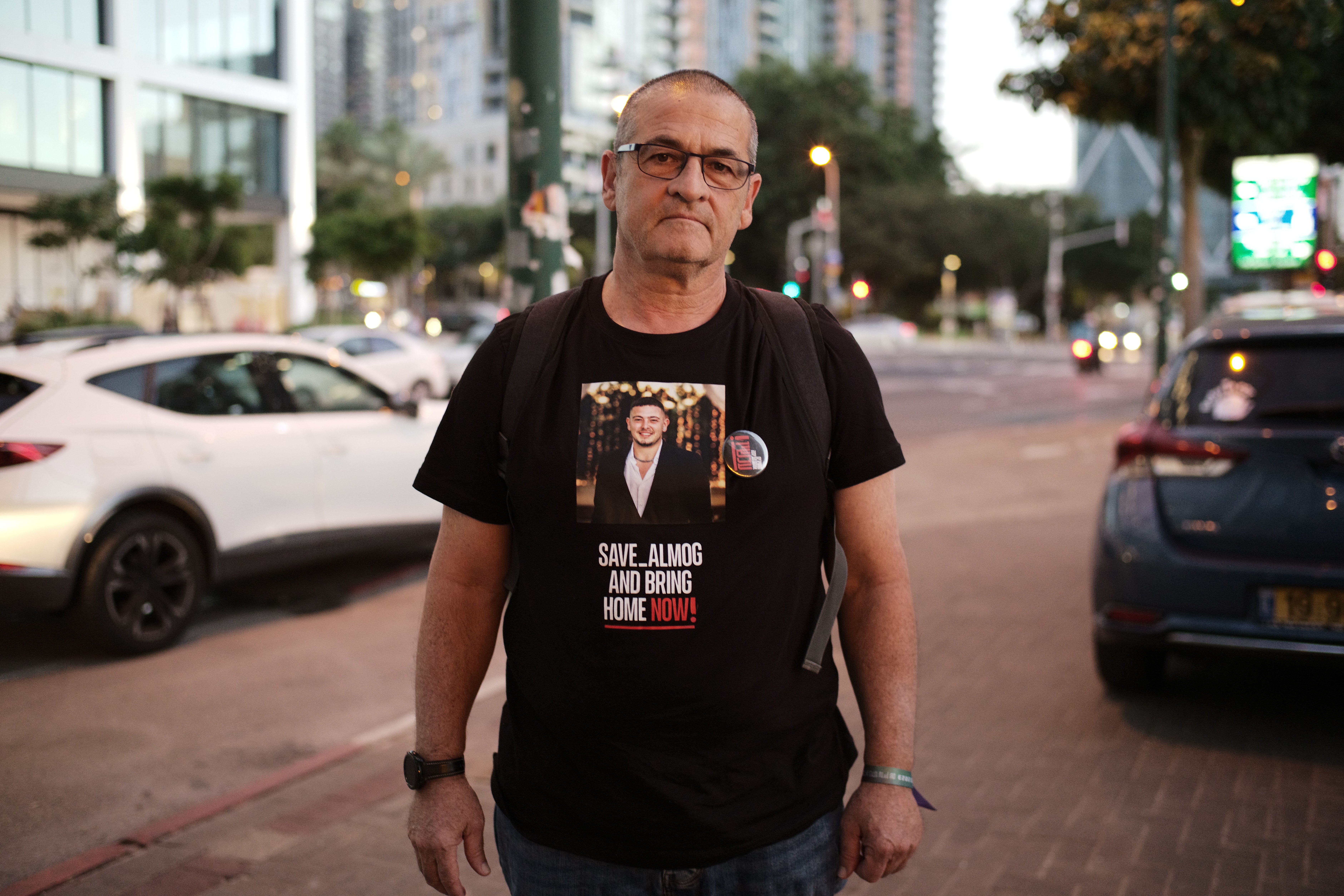 Aviram Meir, uncle of Almog Meir Jan, stands outside the Hostage Families Forum