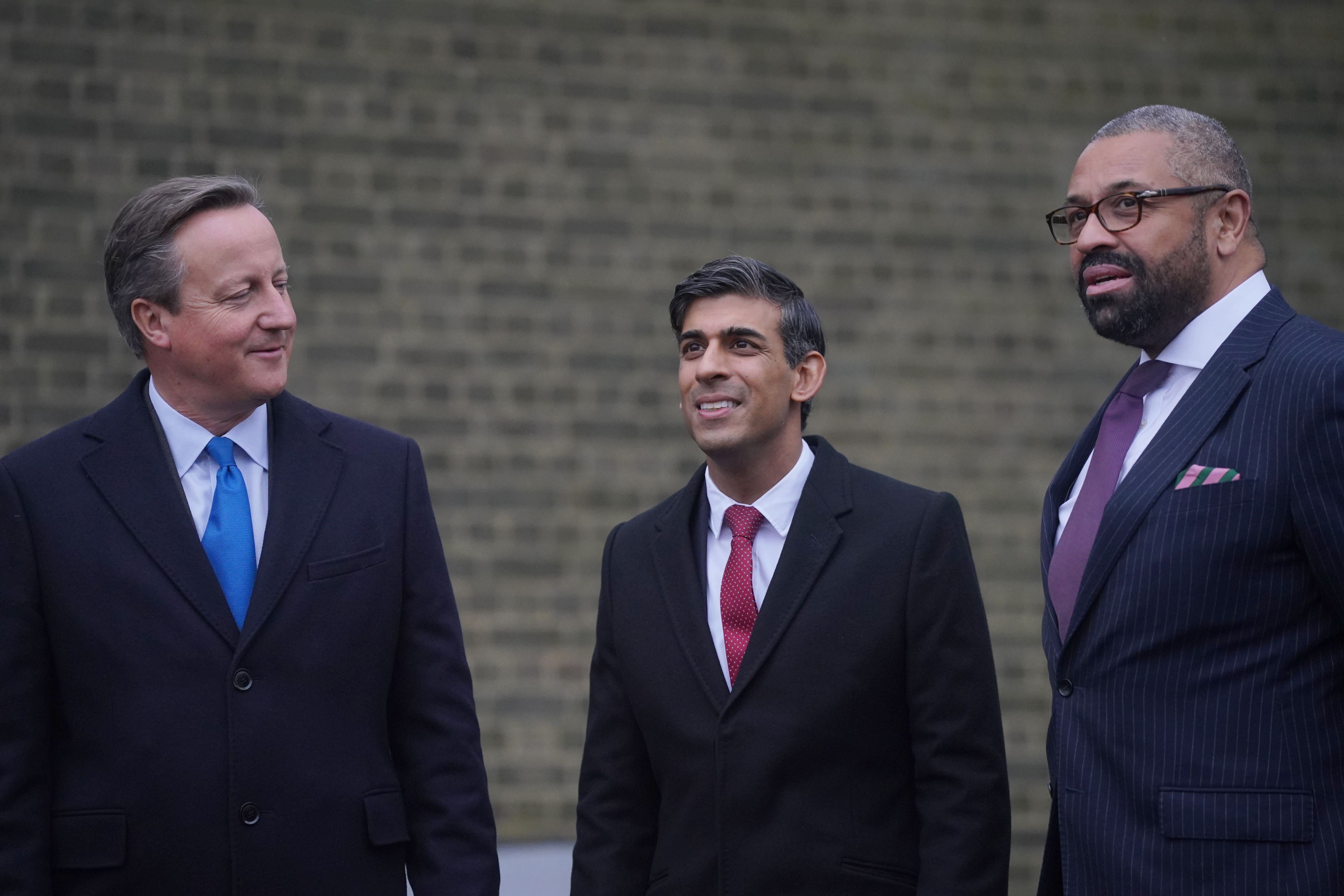 (Left to right) Foreign Secretary Lord David Cameron, Prime Minister Rishi Sunak and Home Secretary James Cleverly together during the last week (Victoria Jones/PA)