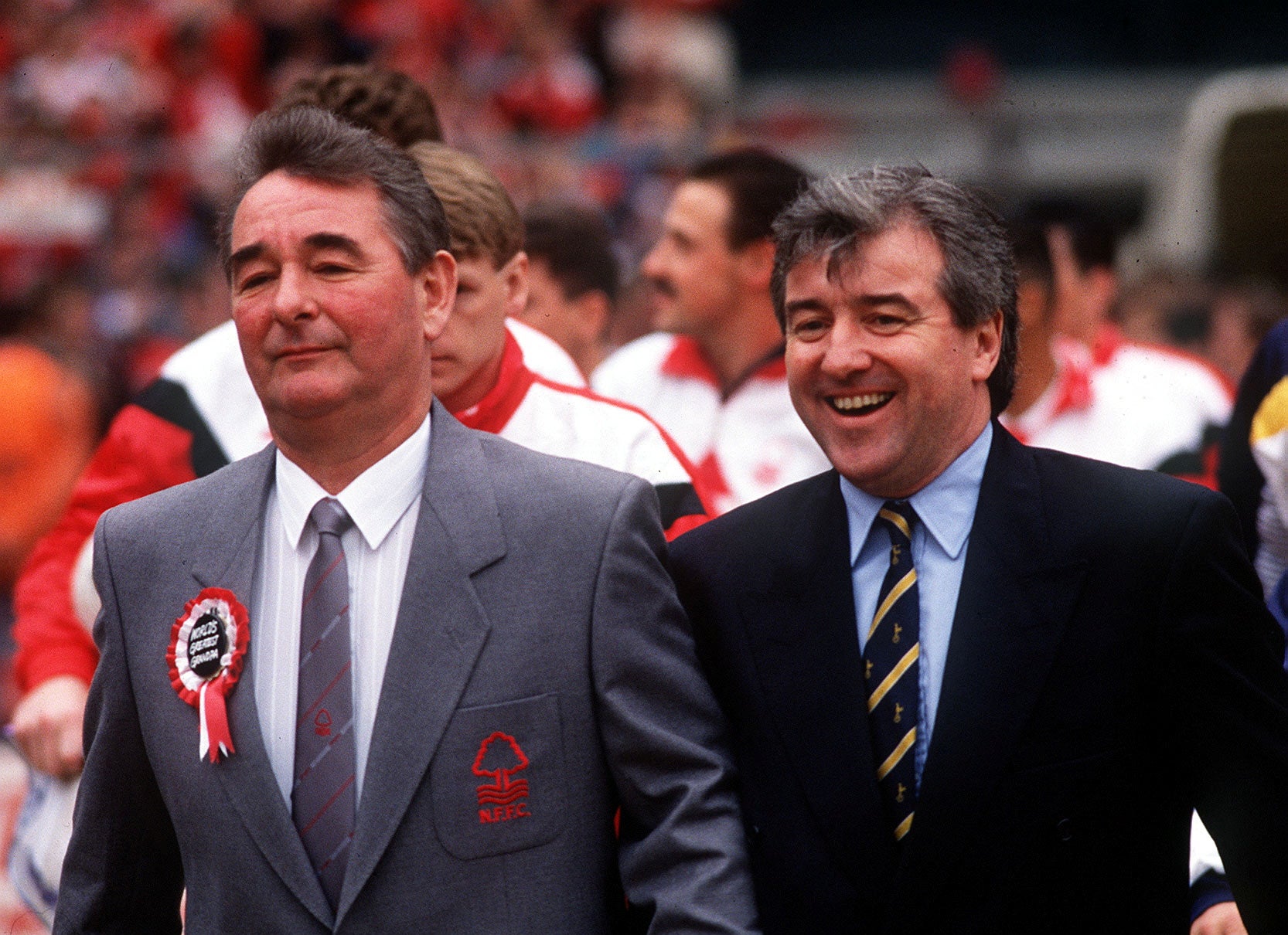 Leading out his Spurs team at Wembley, alongside Nottingham Forest’s Brian Clough, for the 1991 FA Cup final