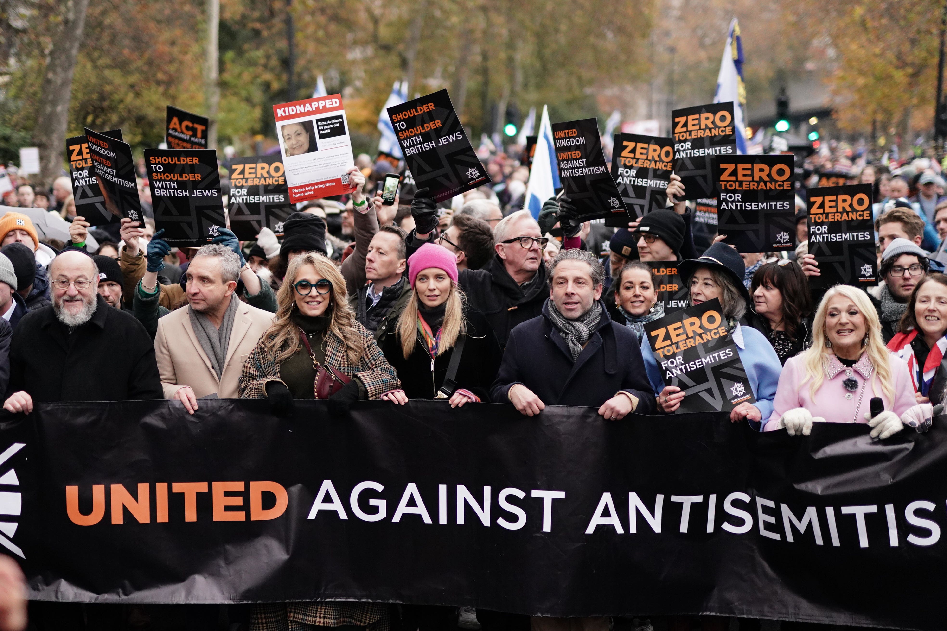 (left to right) Chief Rabbi Mirvis, Eddie Marsan, Tracy-Ann Oberman, Rachel Riley, Maureen Lipman (second from right) and Vanessa Feltz (right) (Jordan Pettitt/PA)