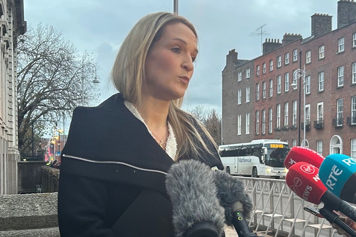 Minister for Justice Helen McEntee speaks to the media prior to a Cabinet meeting at Government Buildings, Dublin. Picture date: Tuesday November 28, 2023.