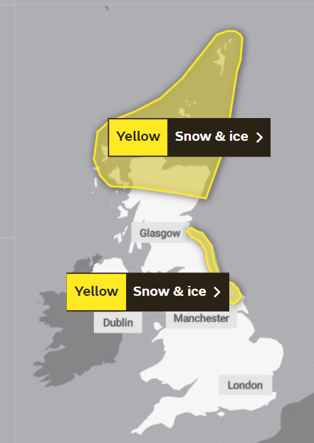 A snow warning is in place across northern Scotland and the North East of England