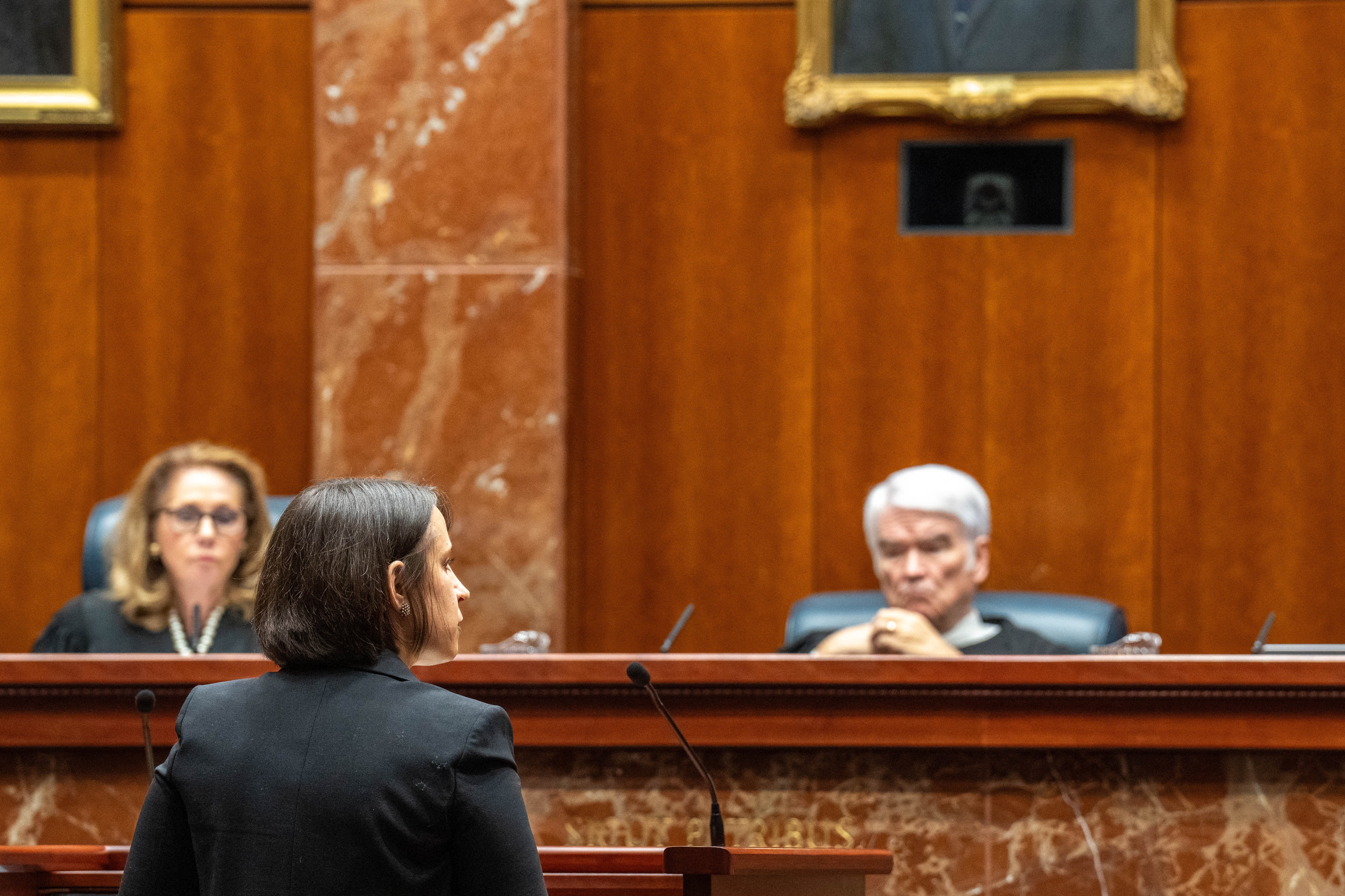 Center for Reproductive Rights attorney Molly Duane argues to Texas Supreme Court justices on 28 November.