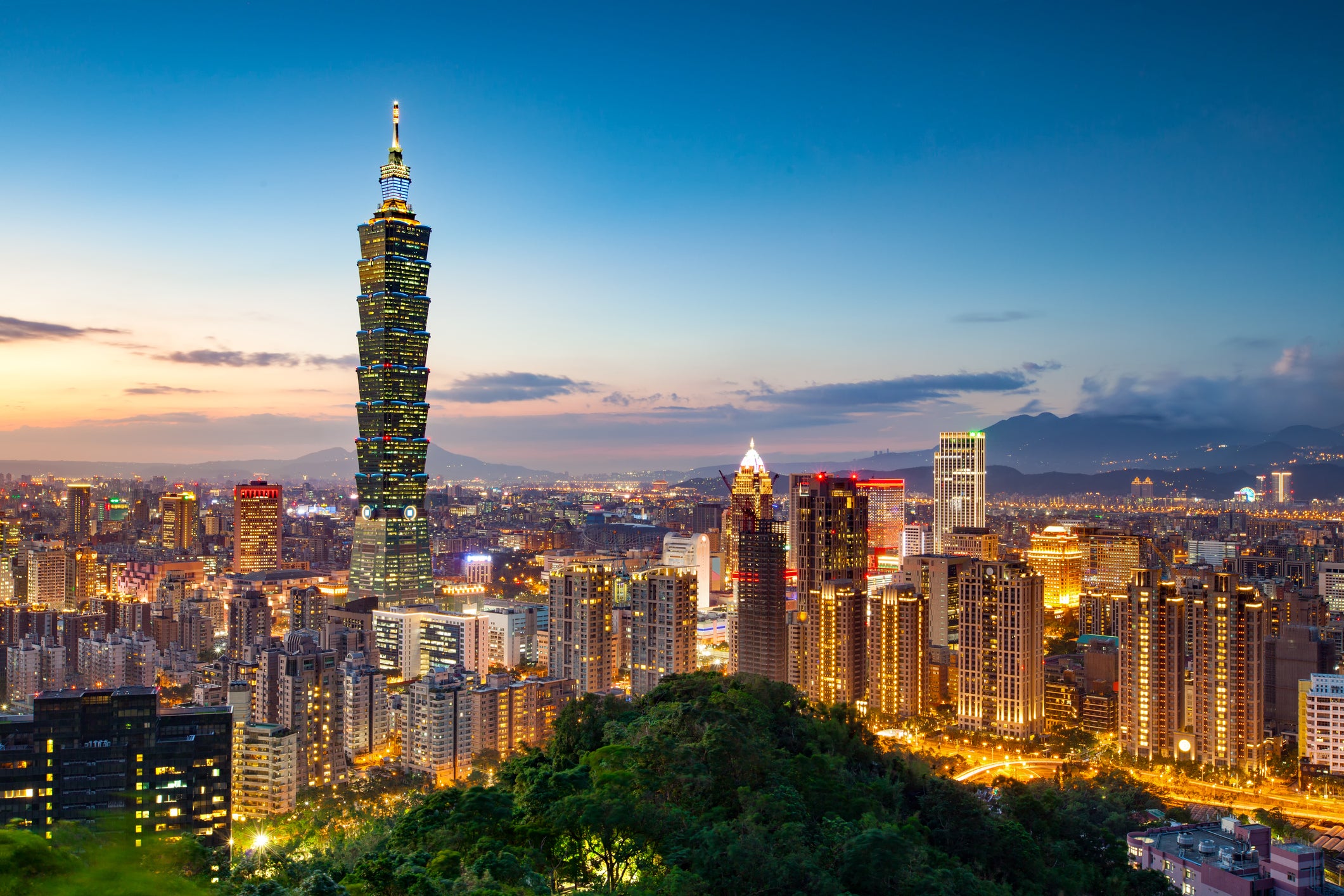 View of the Taipei Skyline with Taipei 101 at night