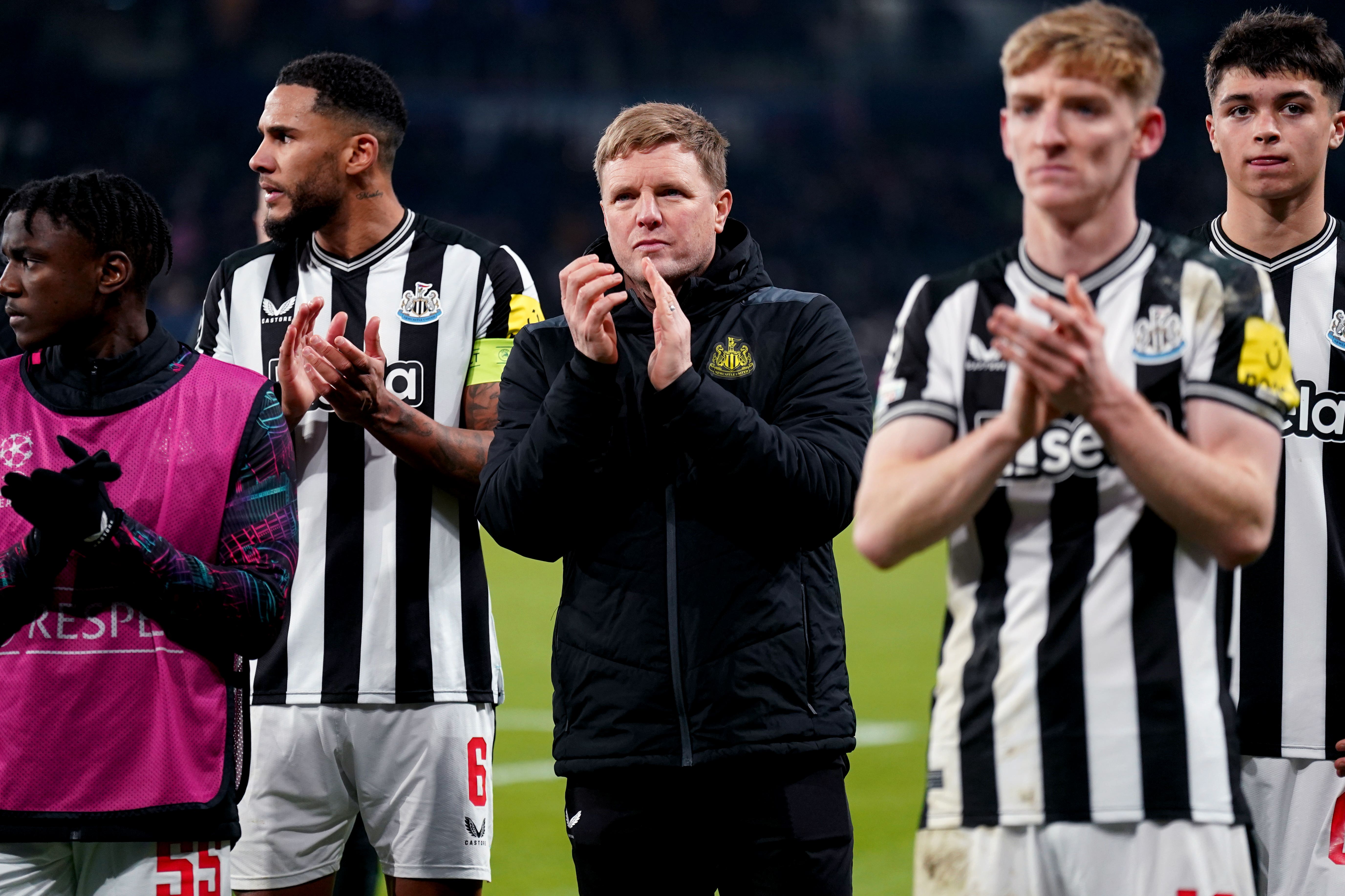 Newcastle head coach Eddie Howe, centre, was left furious by the controversial penalty which cost his side victory in Paris (Owen Humphreys/PA)