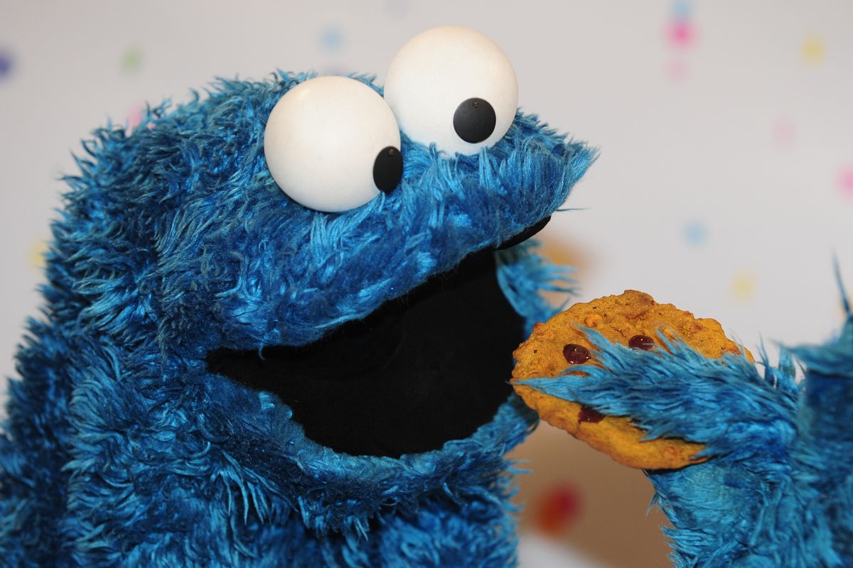 Cookie Monster can be seen holding one of MacLean’s pancake mix and hot glue cookies