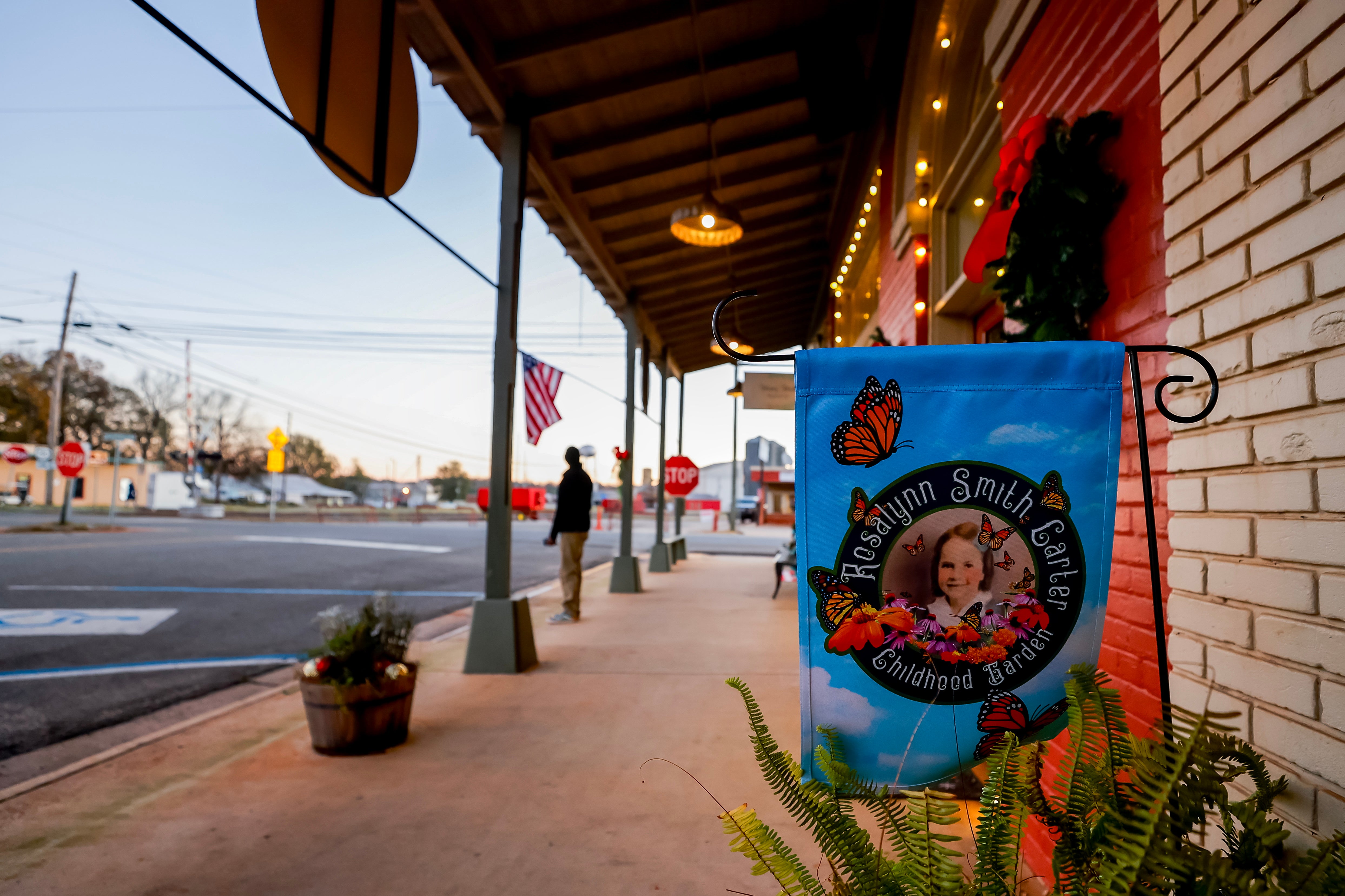 A flag honors former US First Lady Rosalynn Carter before her funeral service and burial in Plains, Georgia, USA, 29 November 2023.