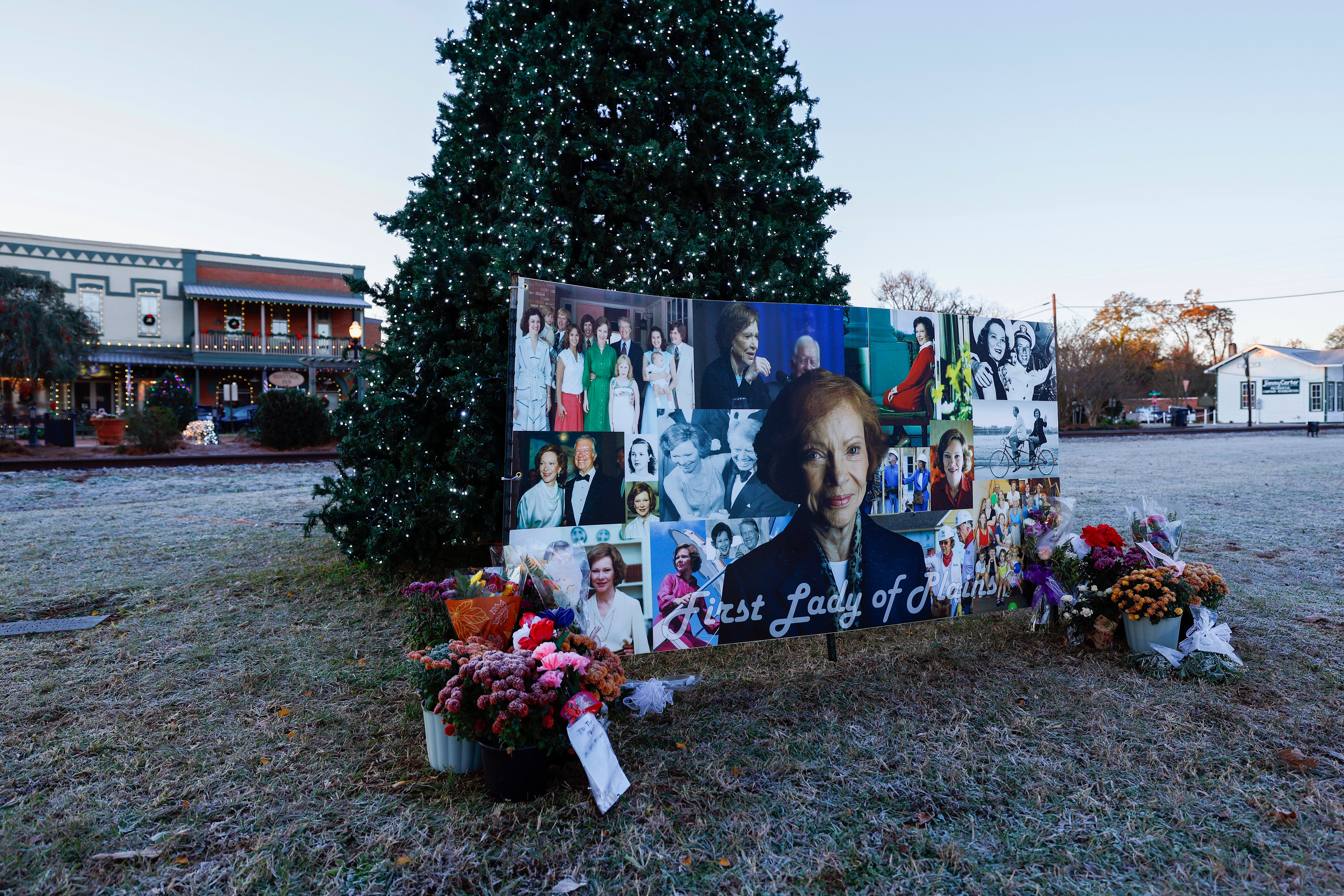 A makeshift memorial for former first lady Rosalynn Carter is displayed near Main St. of Plains, GA, ahead of a private funeral at Maranatha Baptist Church on November 29, 2023.