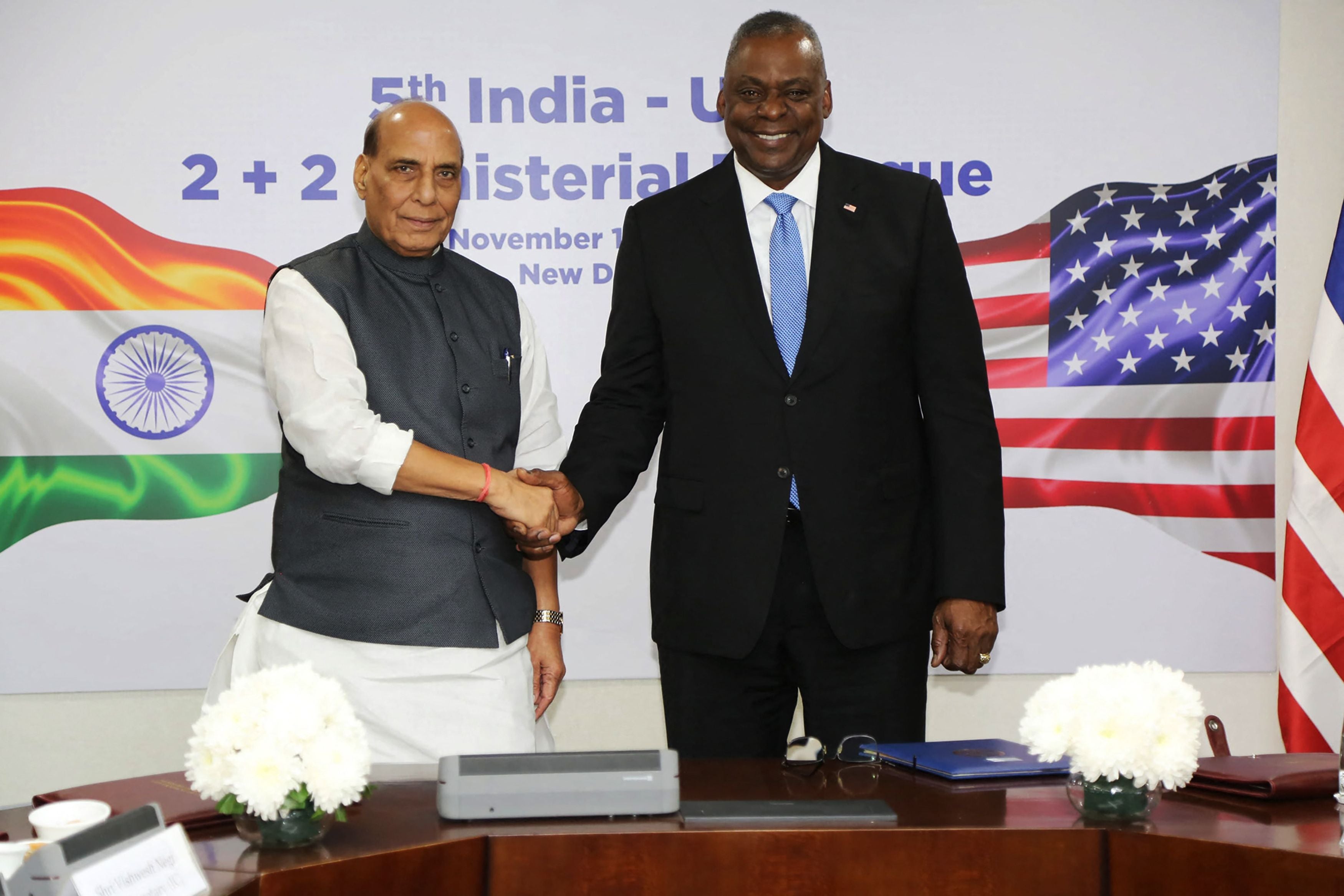 India’s defence minister Rajnath Singh (L) with US secretary of defence Lloyd Austin during their bilateral meeting in New Delhi