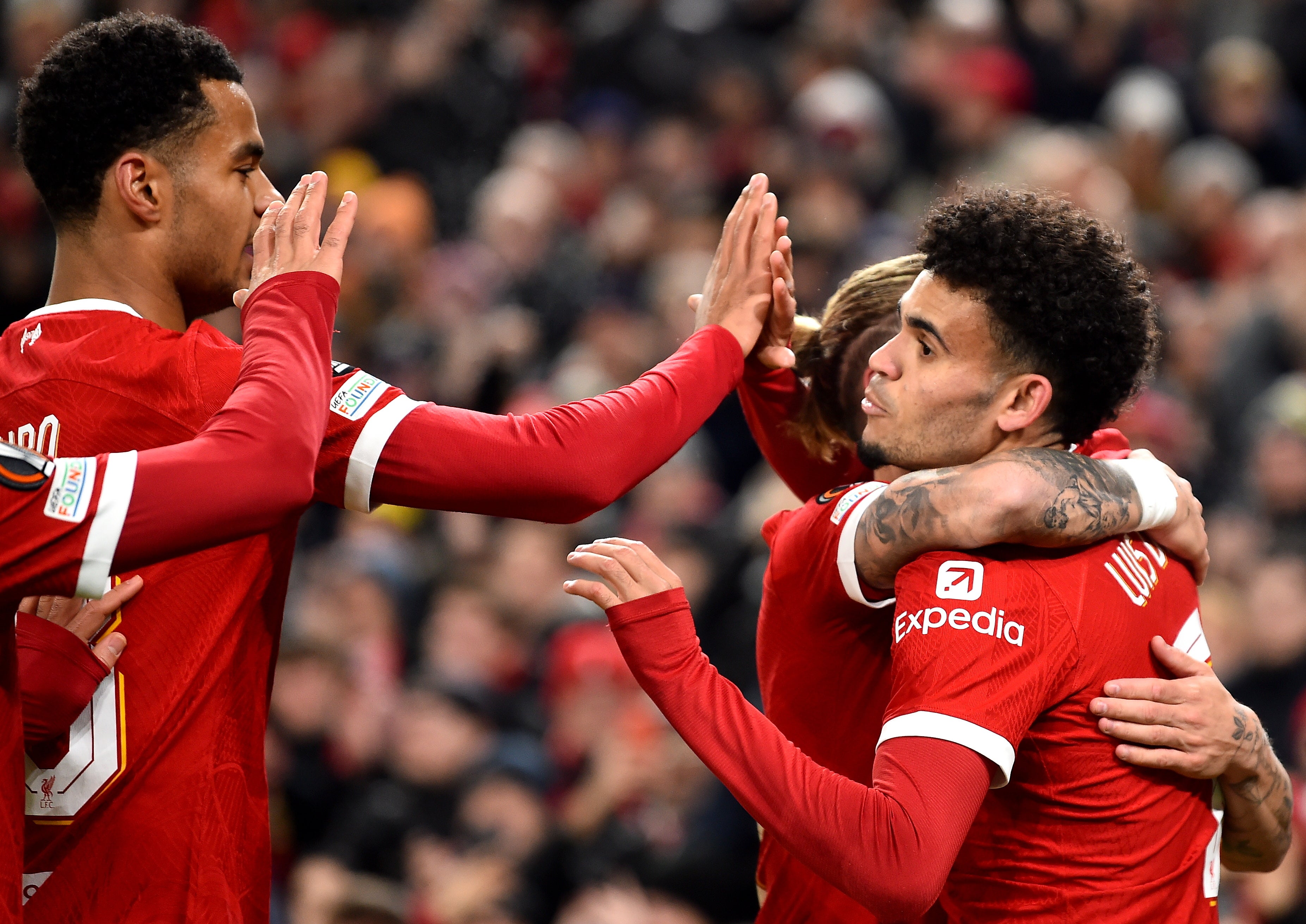 Luis Diaz celebrates scoring the opening goal against LASK