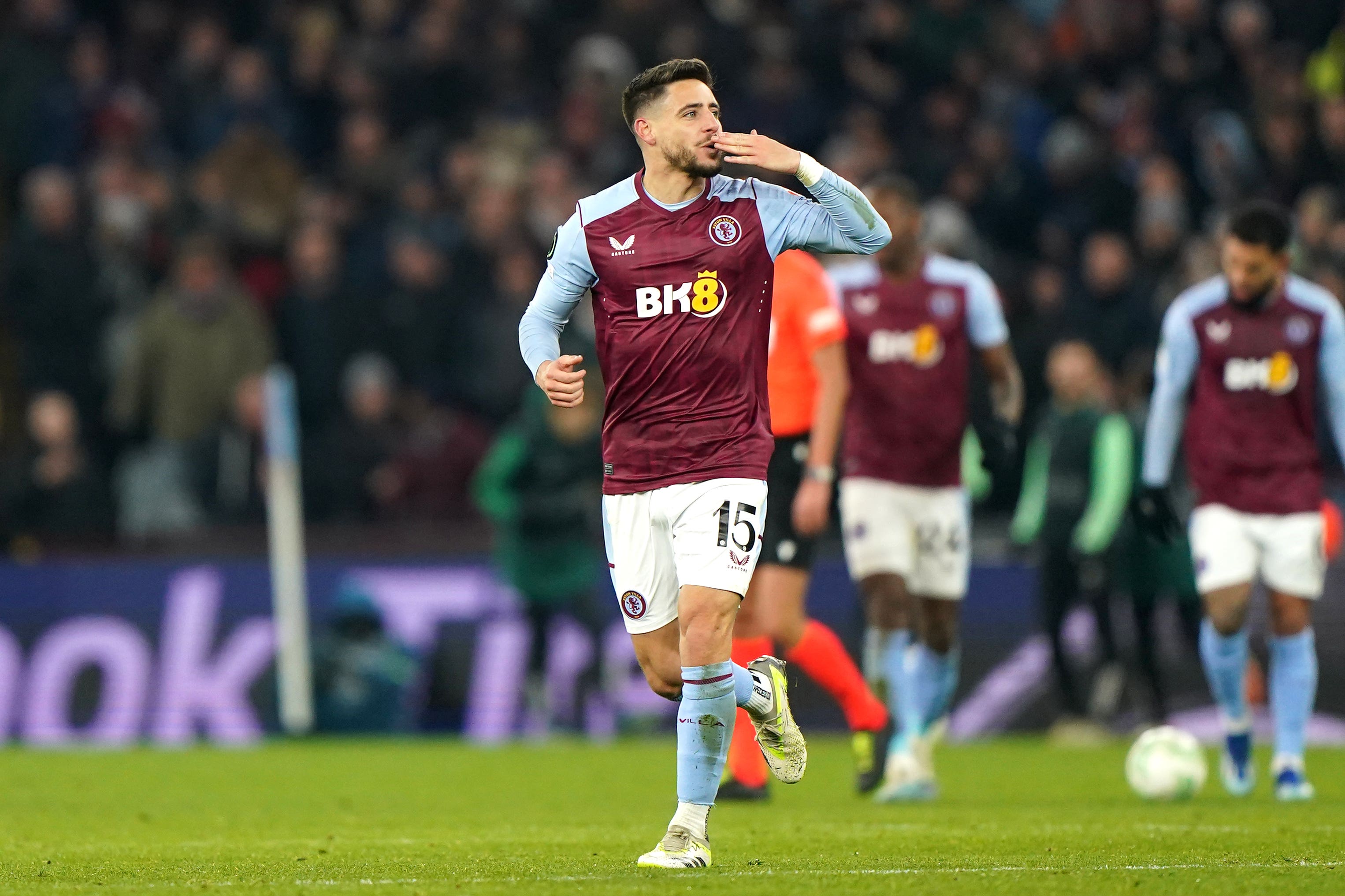 Aston Villa’s Alex Moreno celebrates his winner against Legia. (Joe Giddens/PA)