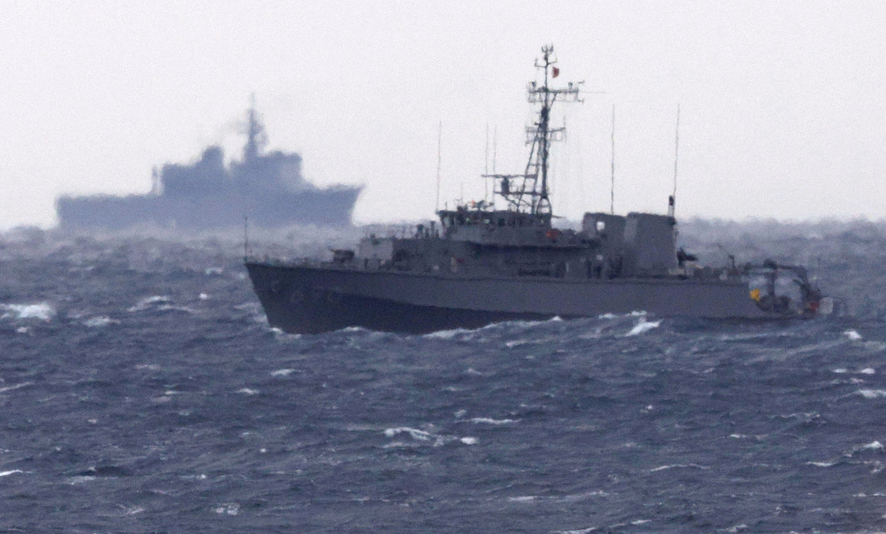 File. A Japanese Maritime Self Defense Force minesweeper searches in the waters where a US military Osprey aircraft crashed, off Yakushima, Kagoshima prefecture, southern Japan, Friday, 1 December 2023. Japan suspended flights by its Osprey aircraft Thursday, officials said, the day after the US Air Force Osprey based in Japan crashed into the sea during a training mission