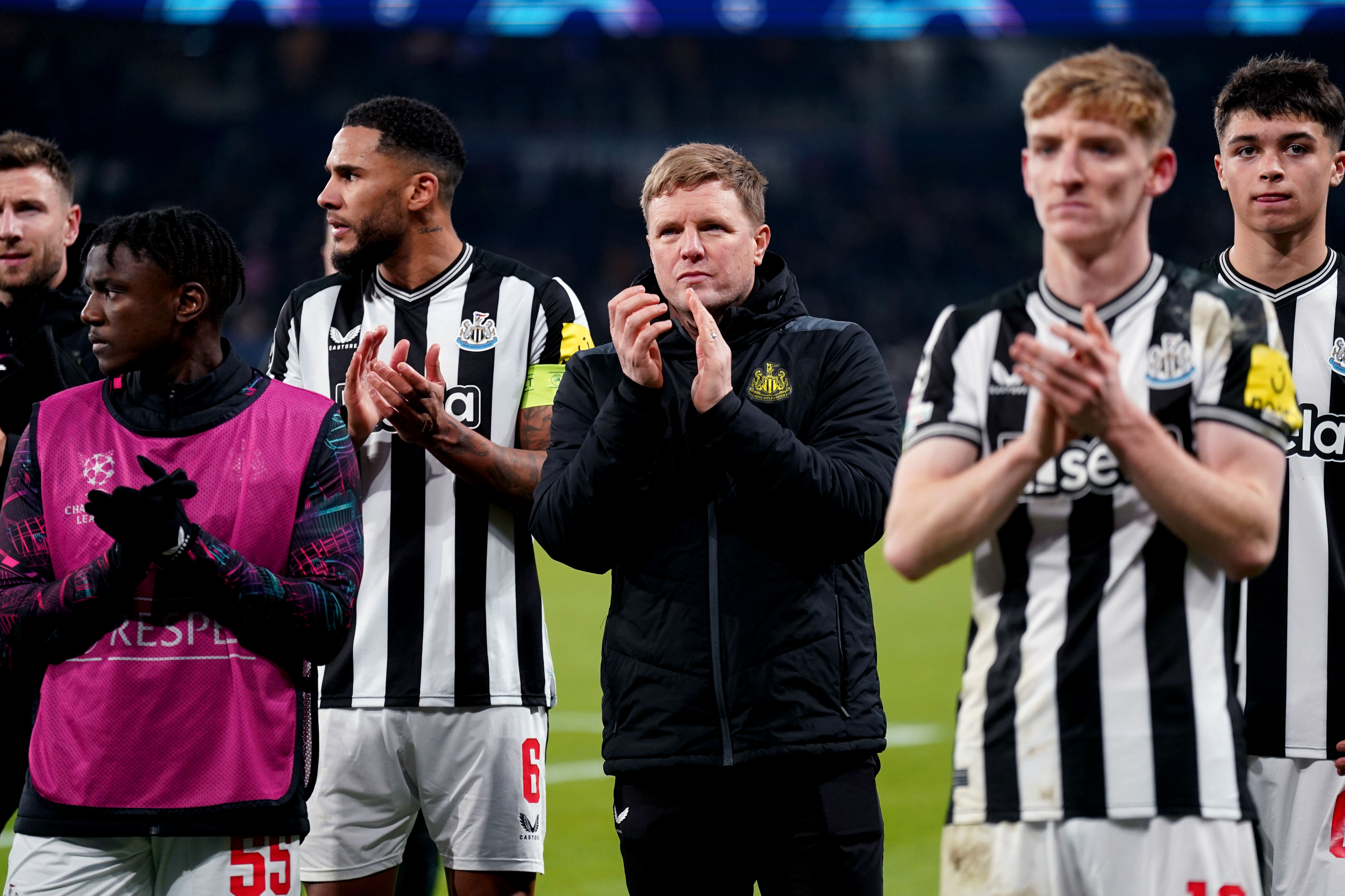 Newcastle head coach Eddie Howe, centre, has warned more VAR would “ruin” football (Owen Humphreys/PA)