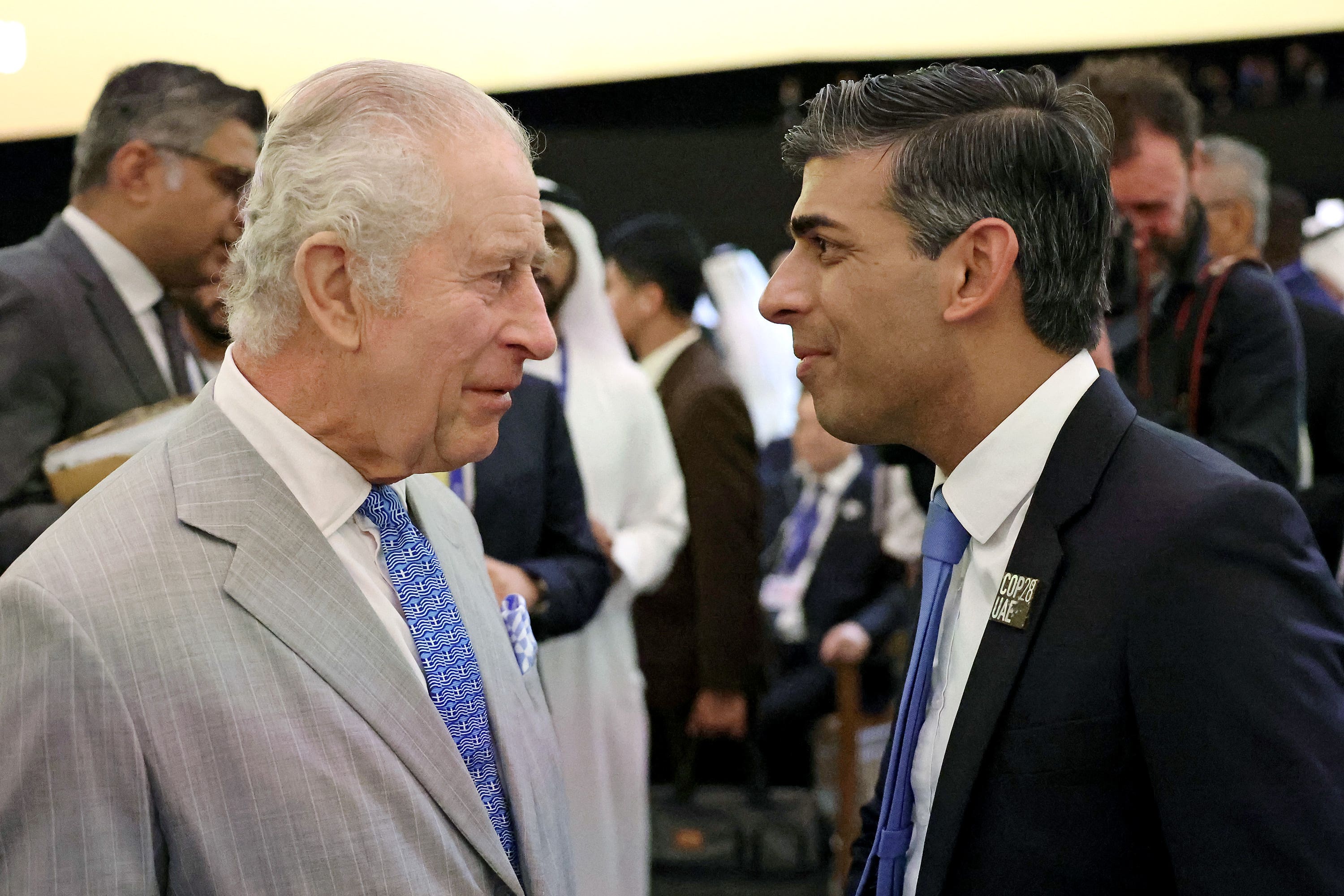 The King, wearing a tie bearing a motif of the Greek flag, speaks to Prime Minister Rishi Sunak as they attend the opening ceremony of the World Climate Action Summit at Cop28 in Dubai (Chris Jackson/PA)