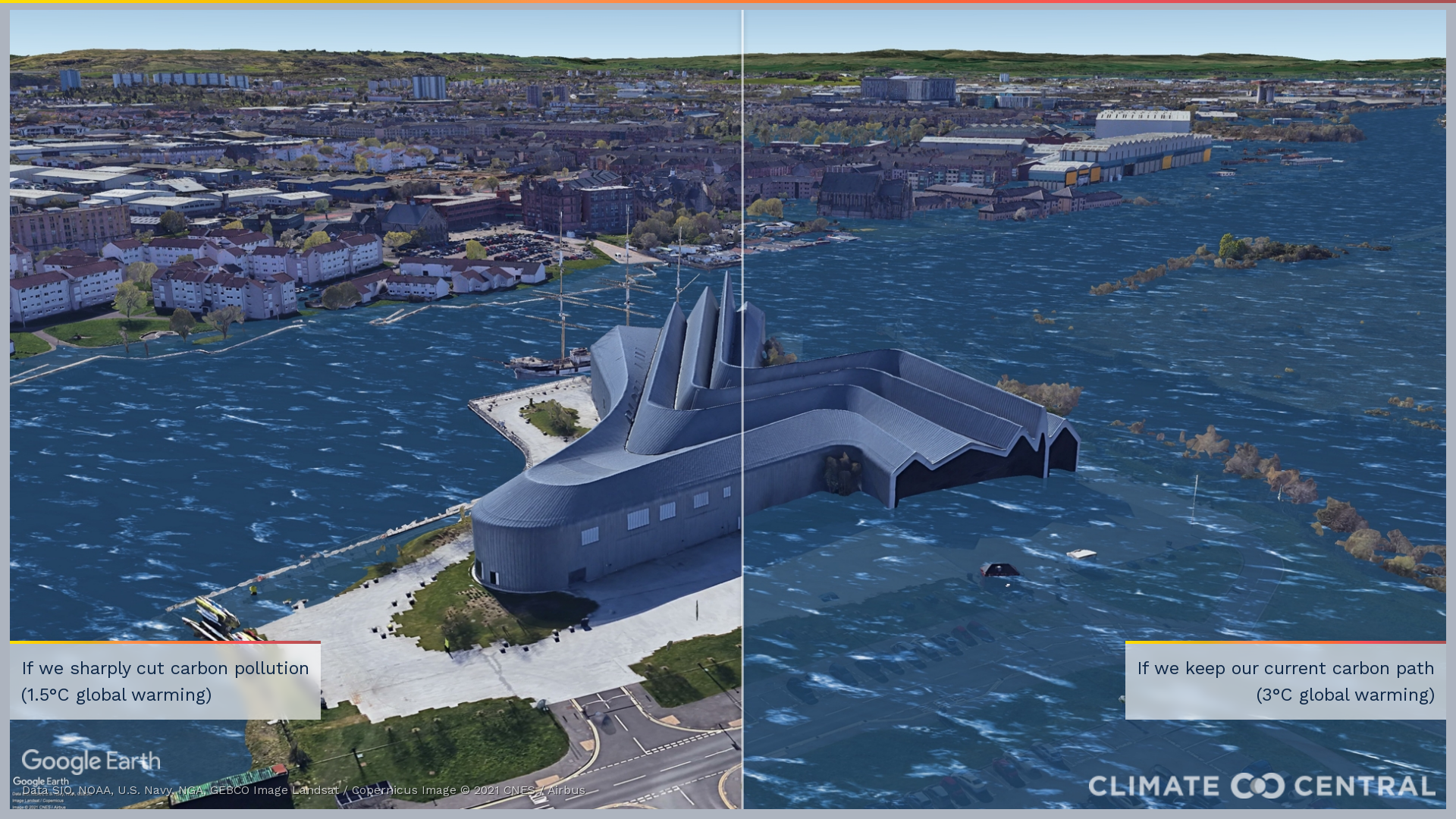 Water levels at the Glasgow Riverside Museum in Glasgow, United Kingdom if global warming hits 1.5C (left) or 3C (right).