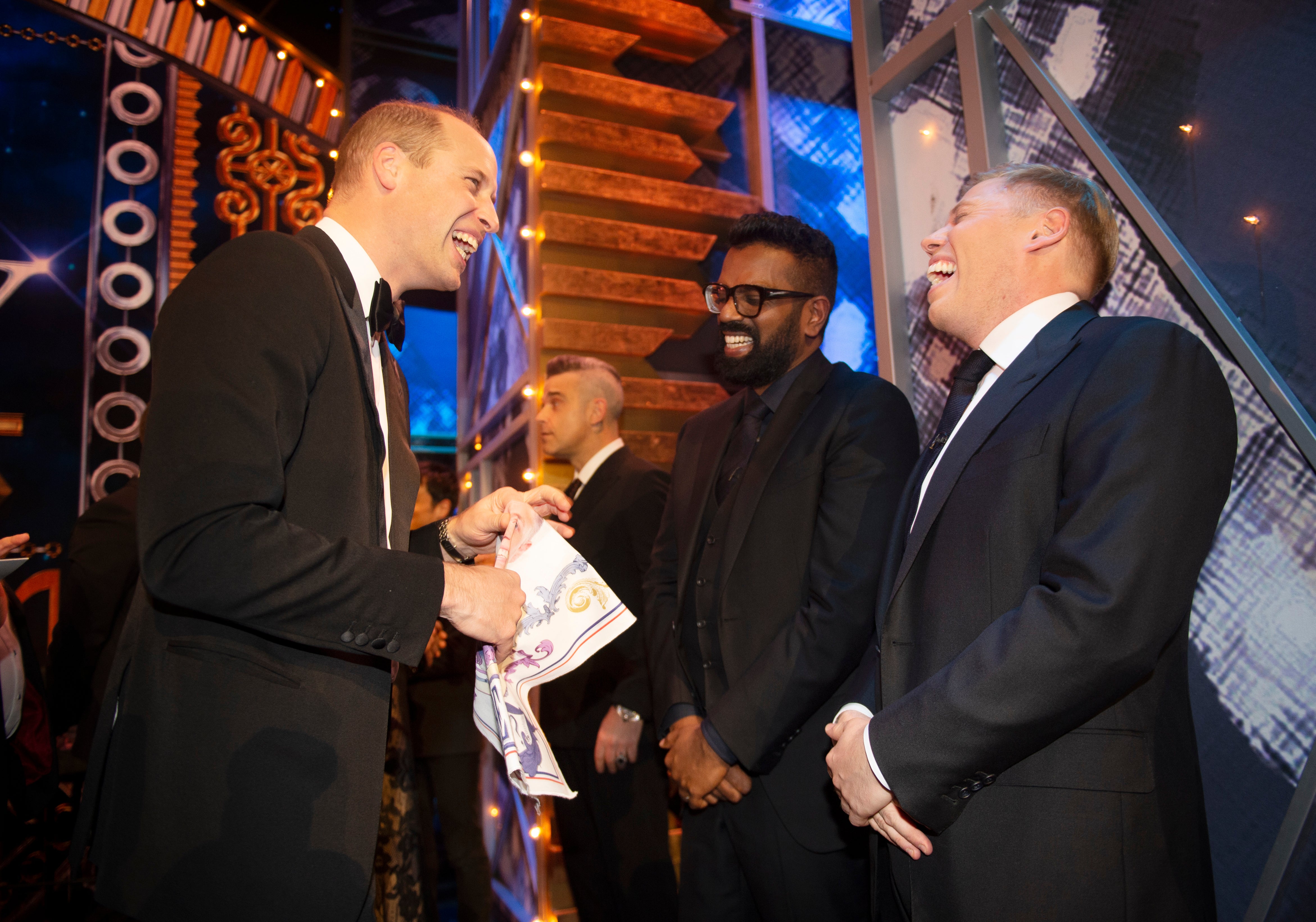 With Prince William and Rob Beckett at the 2019 Royal Variety Performance