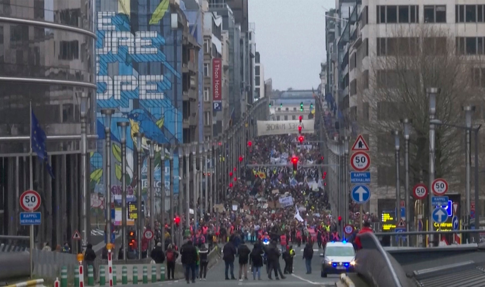 Thousands marched in Brussels as many campaigners chose to avoid the restrictions in Dubai and stage protests closer to home