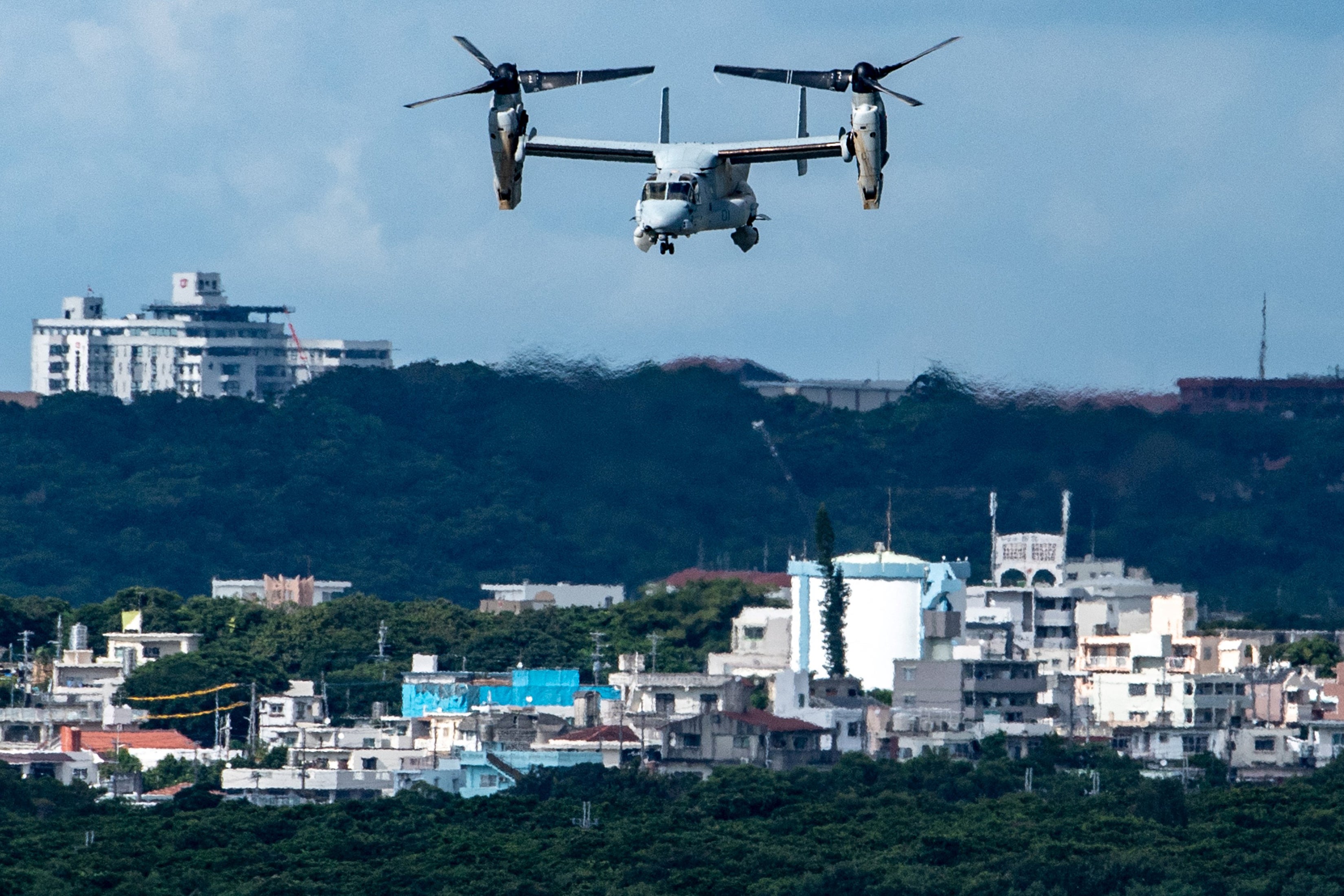 This file photo taken on August 23, 2022 shows a US military Osprey aircraft at the US Marine Corps Air Station Futenma in the centre of the city of Ginowan, Okinawa prefecture