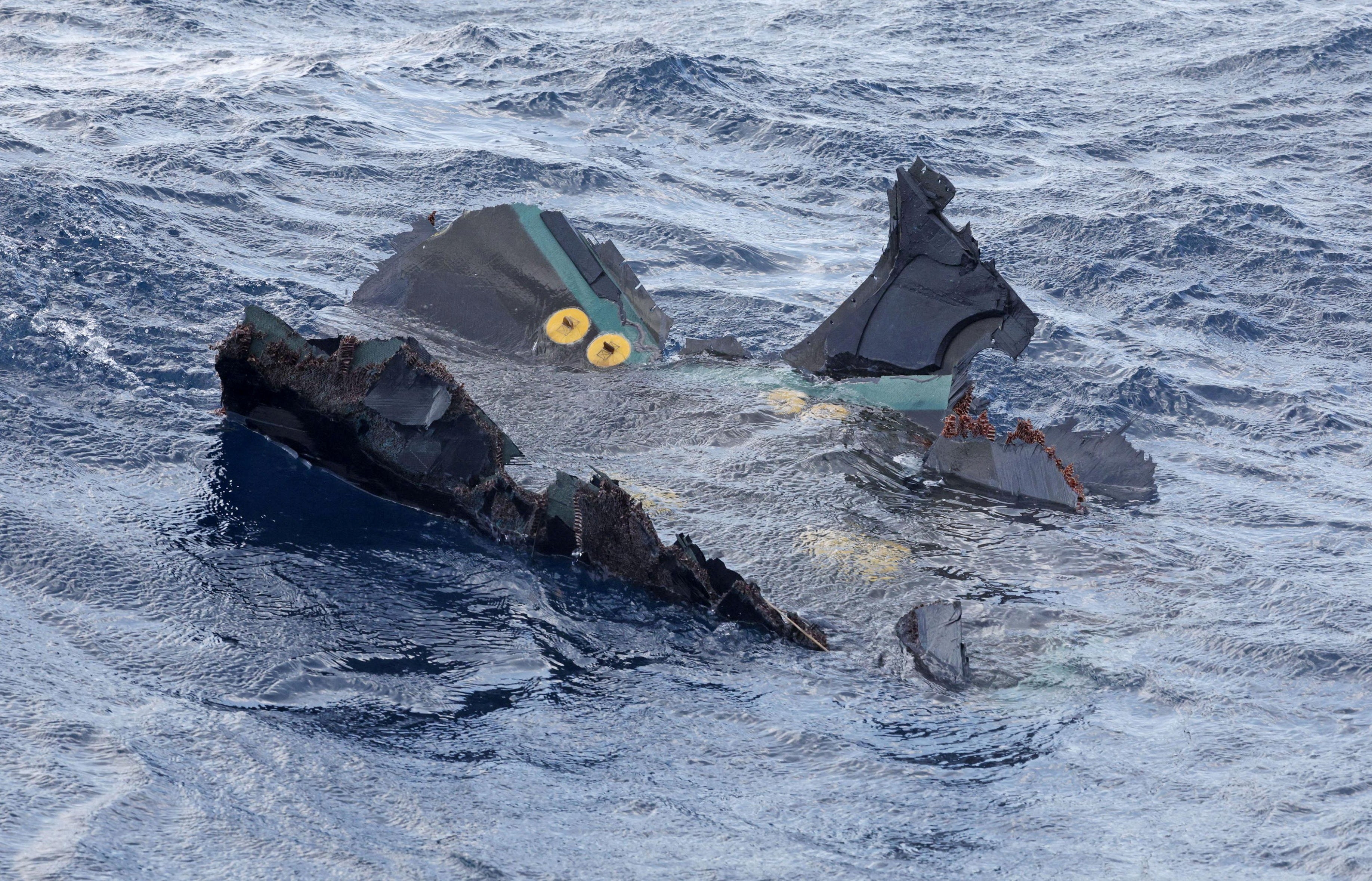 A floating object believed to belong to the U.S. military aircraft V-22 Osprey that crashed into the sea is seen off Yakushima Island, Kagoshima prefecture, western Japan November 30, 2023