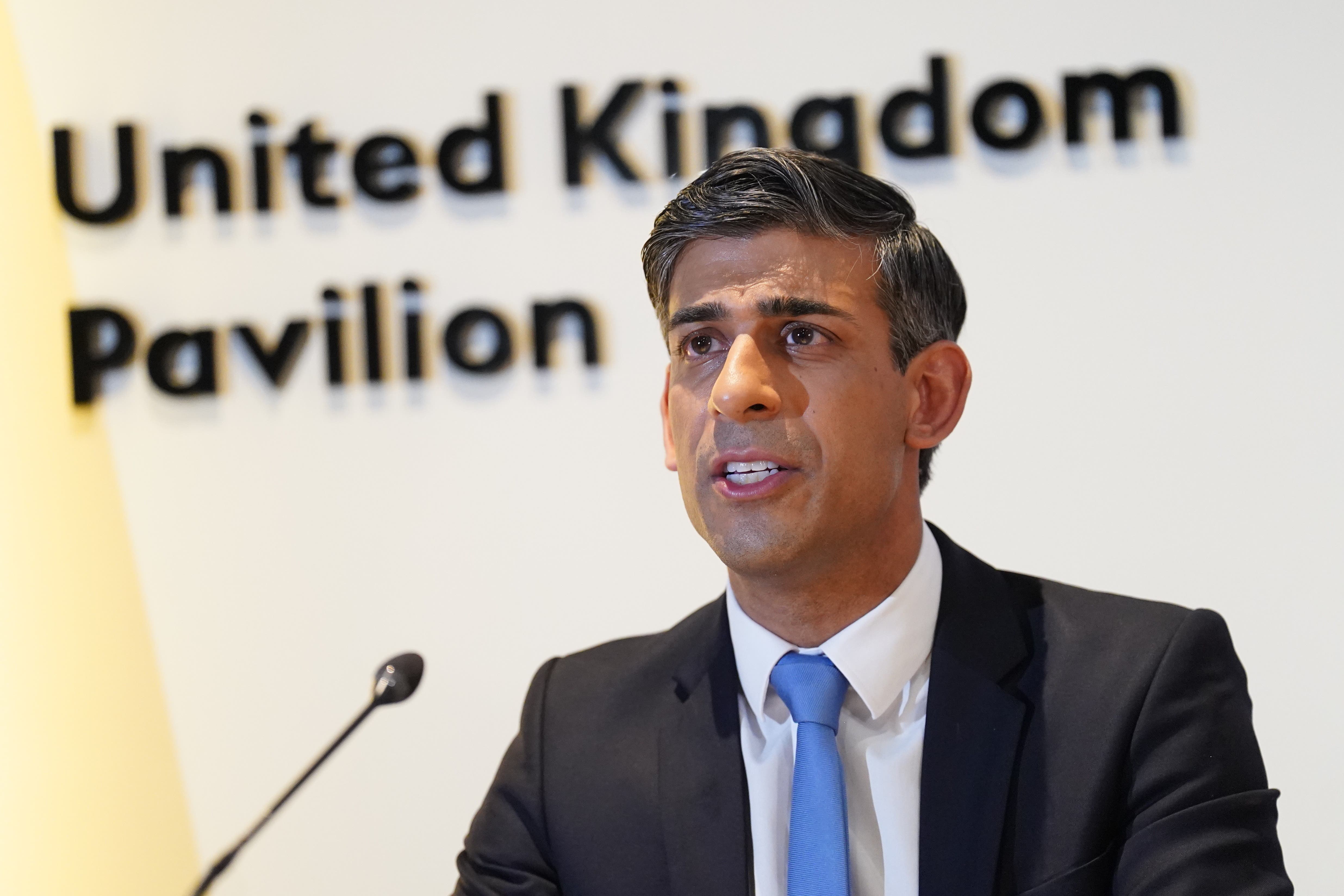 Prime Minister Rishi Sunak speaking to the media at the Cop28 summit (Stefan Rousseau/PA)