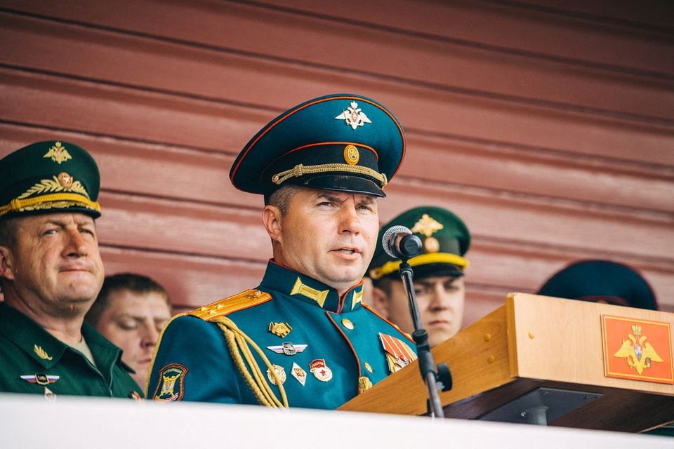 Commander of Russia’s Kantemirovskaya Tank Division Vladimir Zavadsky delivers a speech during a ceremony marking the anniversary of the unit’s foundation in Naro-Fominsk in the Moscow region