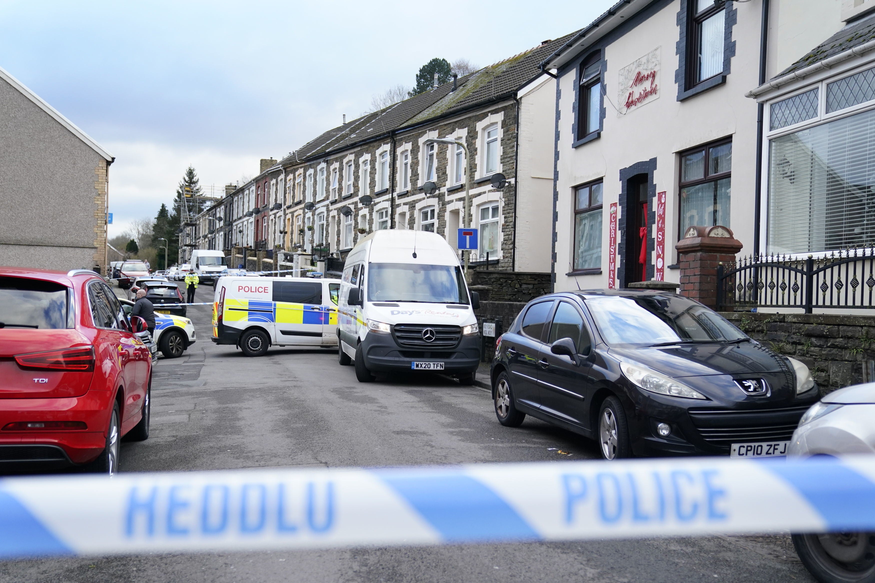 The scene on Moy Road in the village of Aberfan, South Wales, after a 29-year-old woman was stabbed