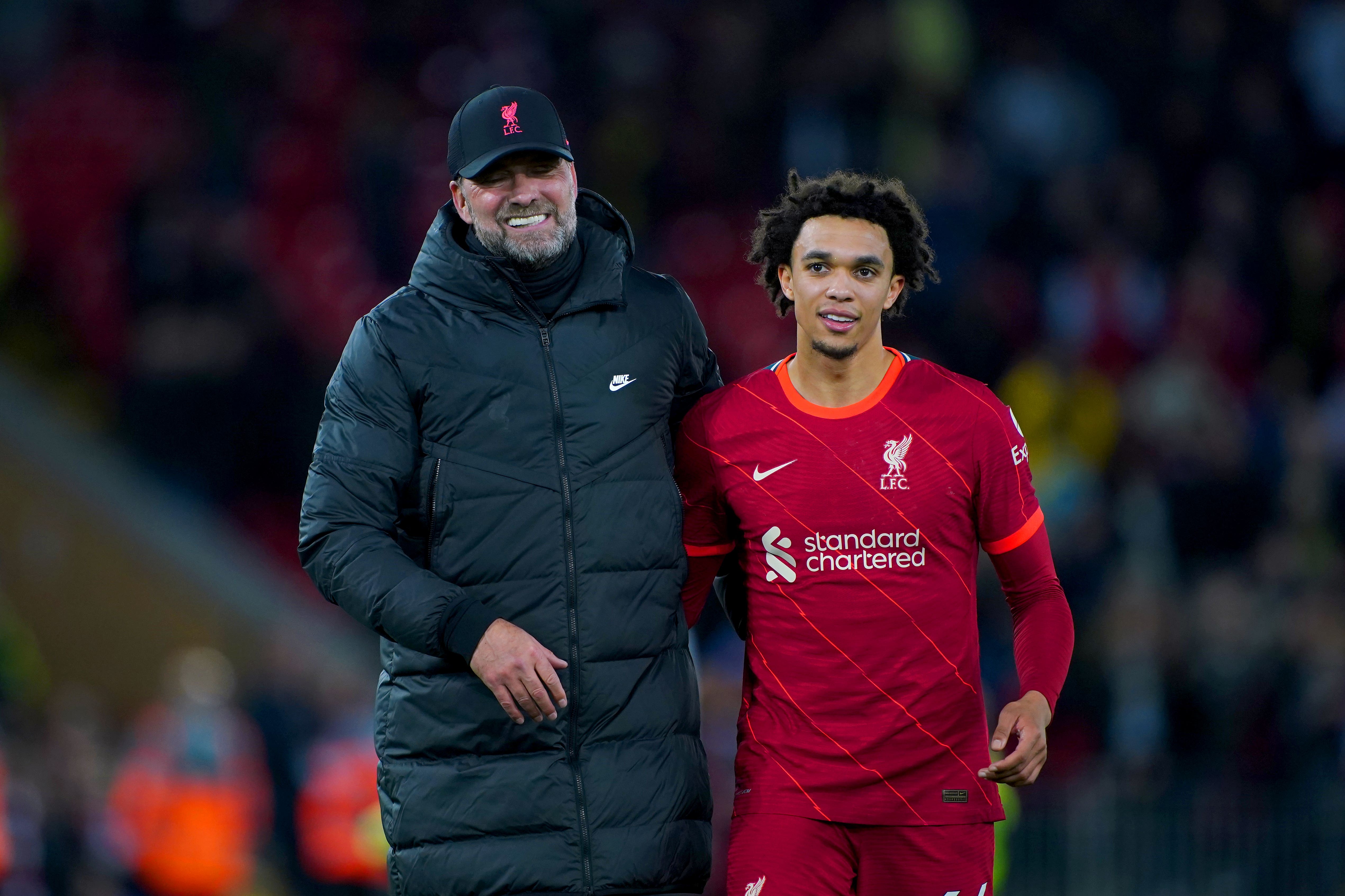 Jurgen Klopp, left, has been talking about Trent Alexander-Arnold (Peter Byrne/PA)