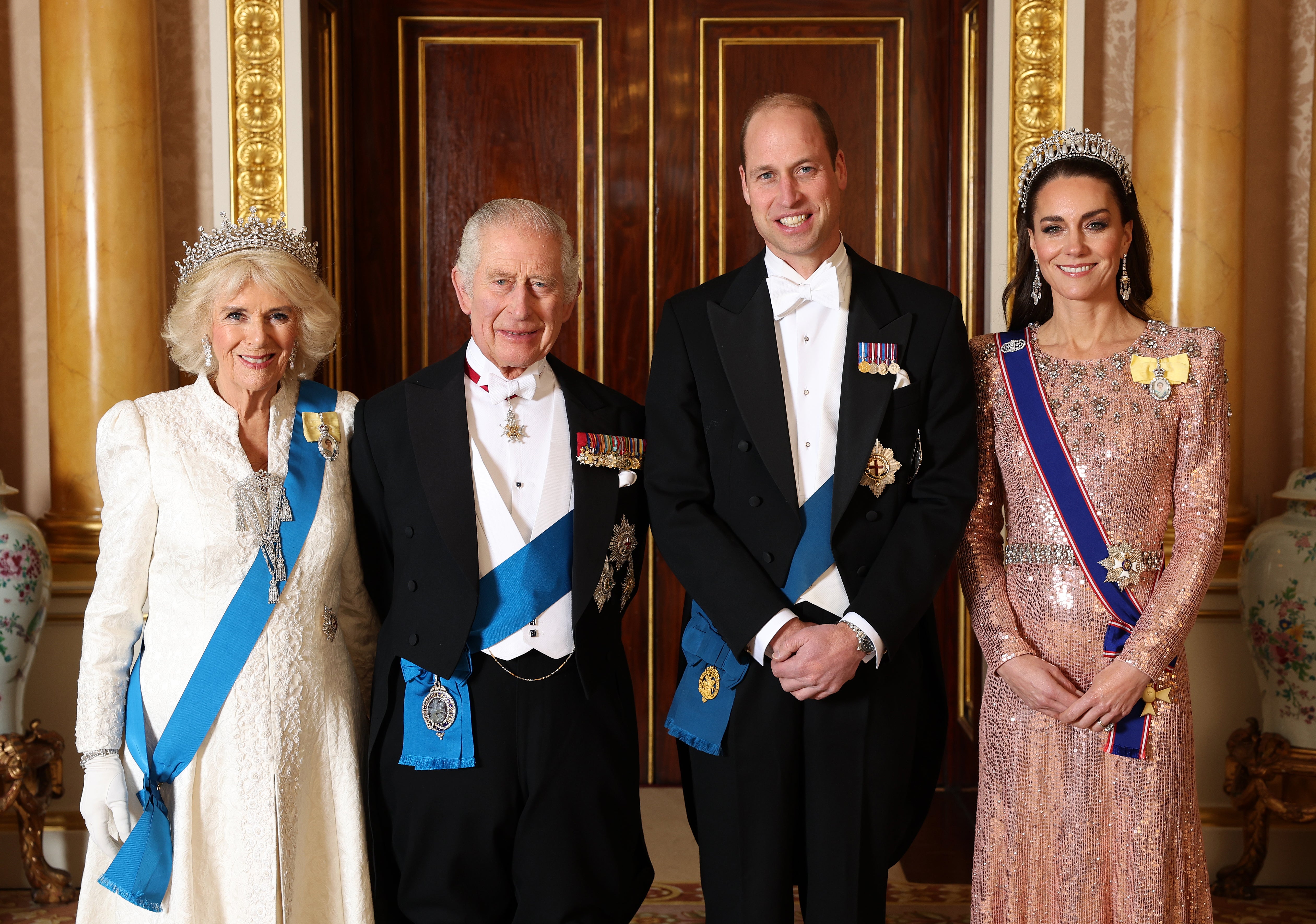 Queen Camilla, King Charles III, Prince William, Prince of Wales and Catherine, Princess of Wales pose for a photograph ahead of The Diplomatic Reception