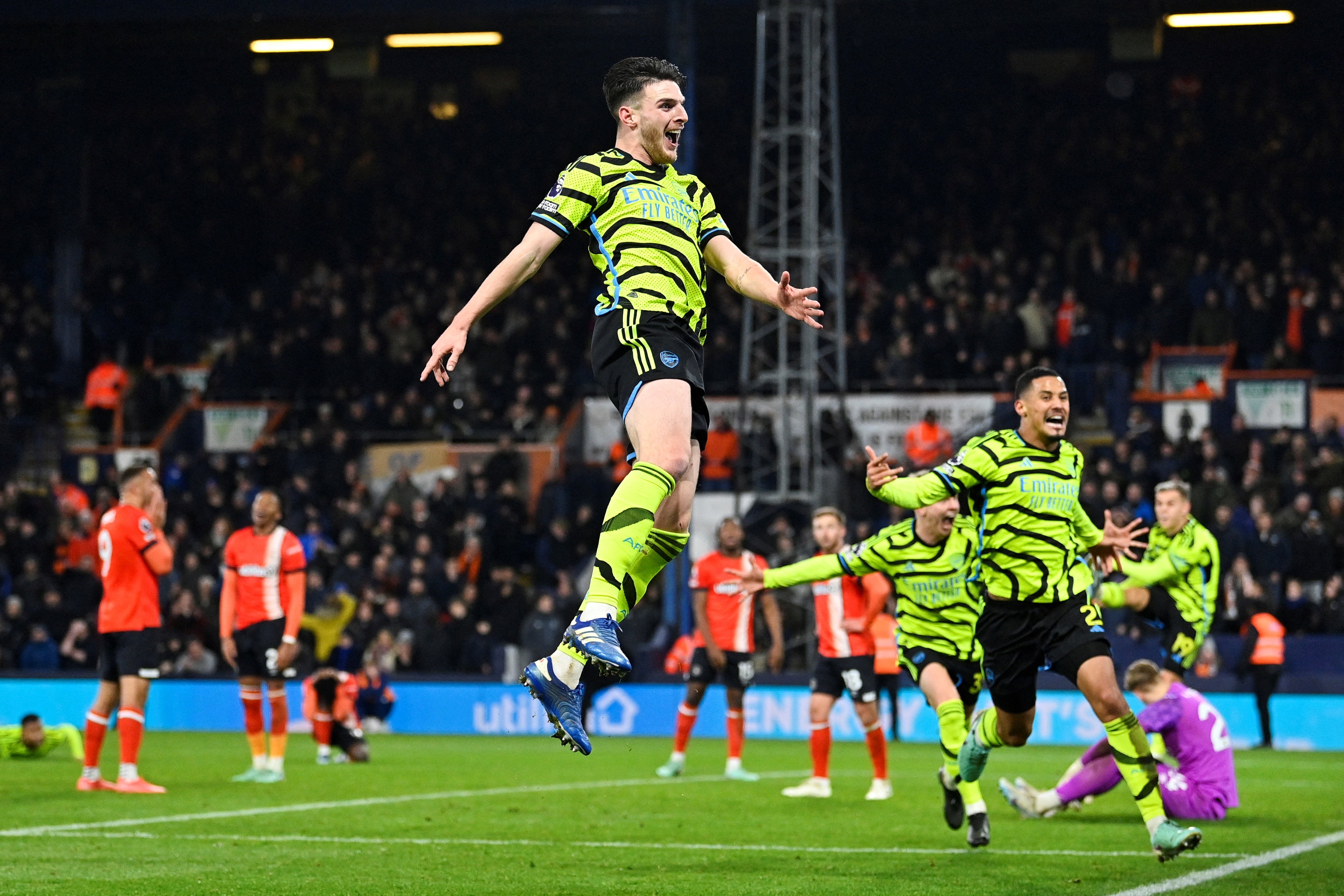 Declan Rice celebrates after his 97th minute winner clinched the points for Arsenal