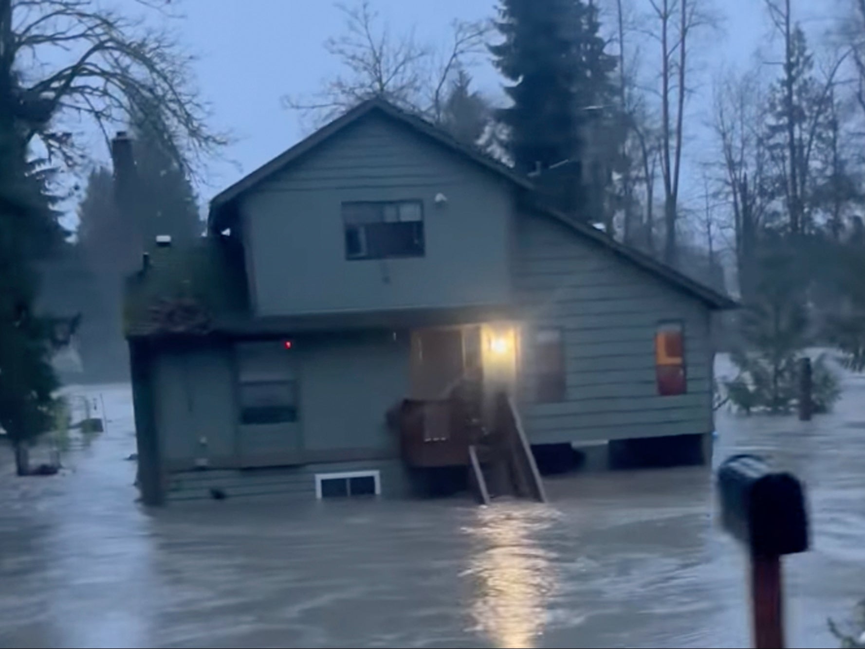 A house inundated by flood waters in Granite Falls, Washington, on Tuesday 5 December 2023