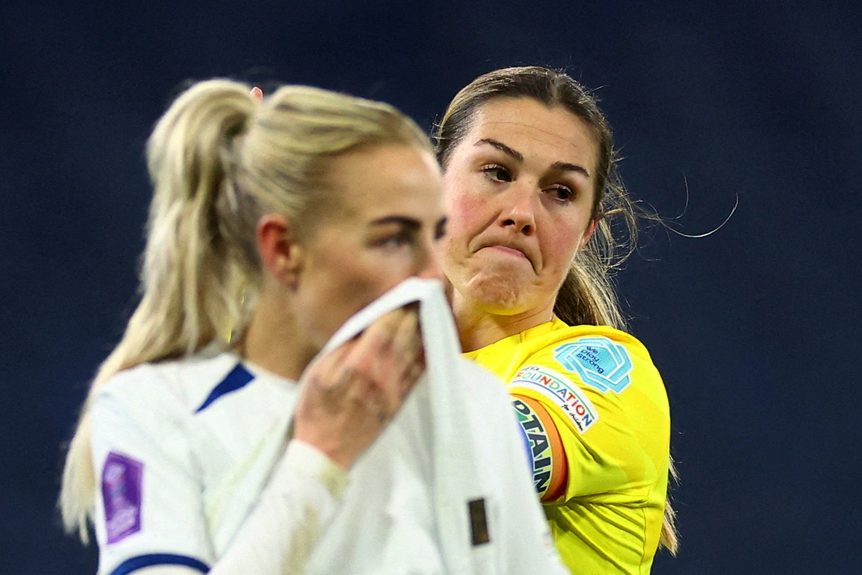 Alex Greenwood and Mary Earps in the moments after England’s win over Scotland