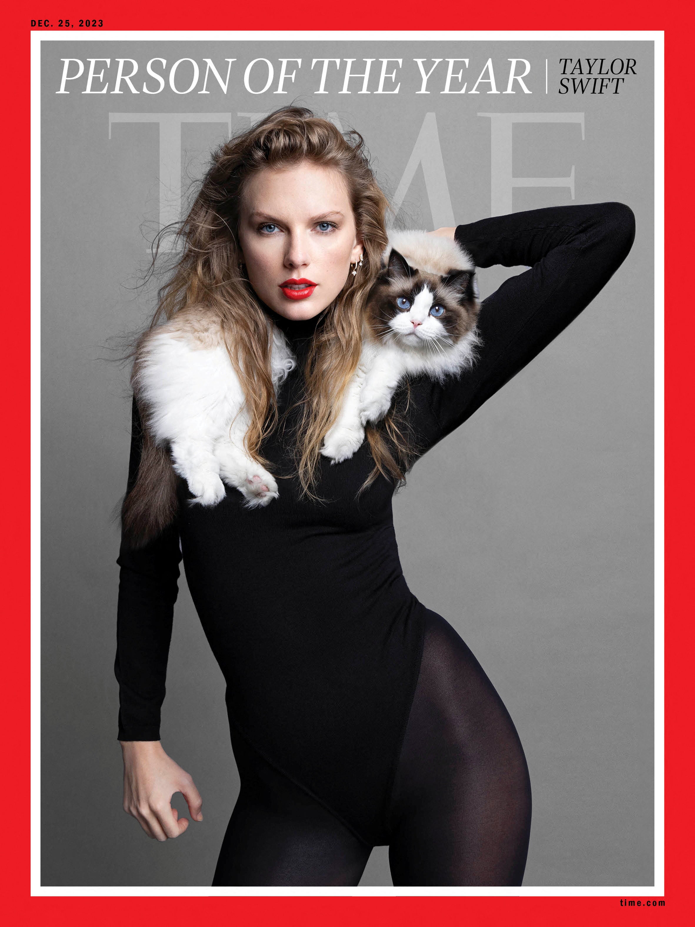 Taylor Swift, with one of her three cats, Benjamin Button, on the cover of ‘Time’ magazine