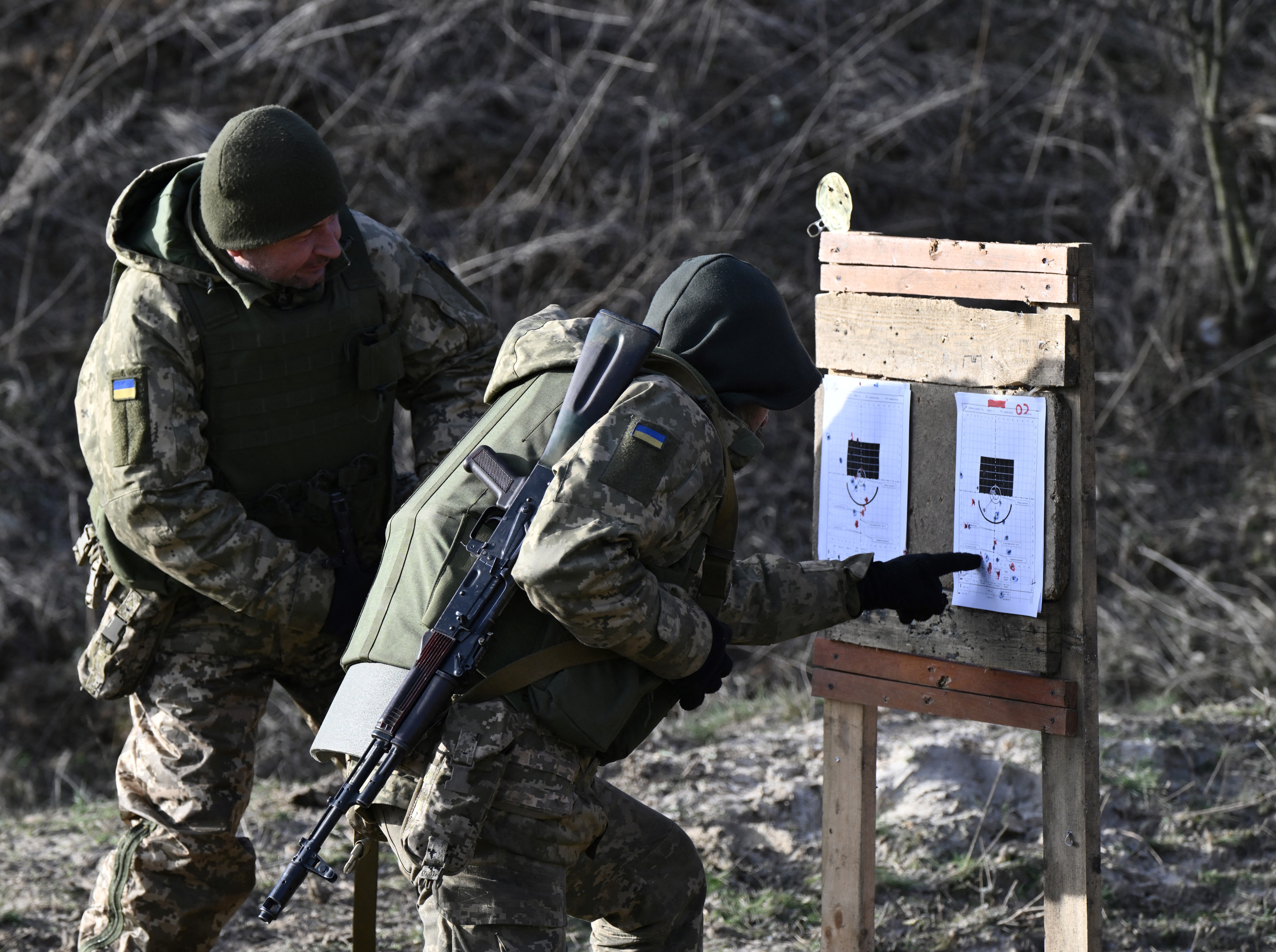 Ukrainian servicemen of the 42nd Mechanised Brigade take part in a field military exercise in the Donetsk region on 6 December 2023