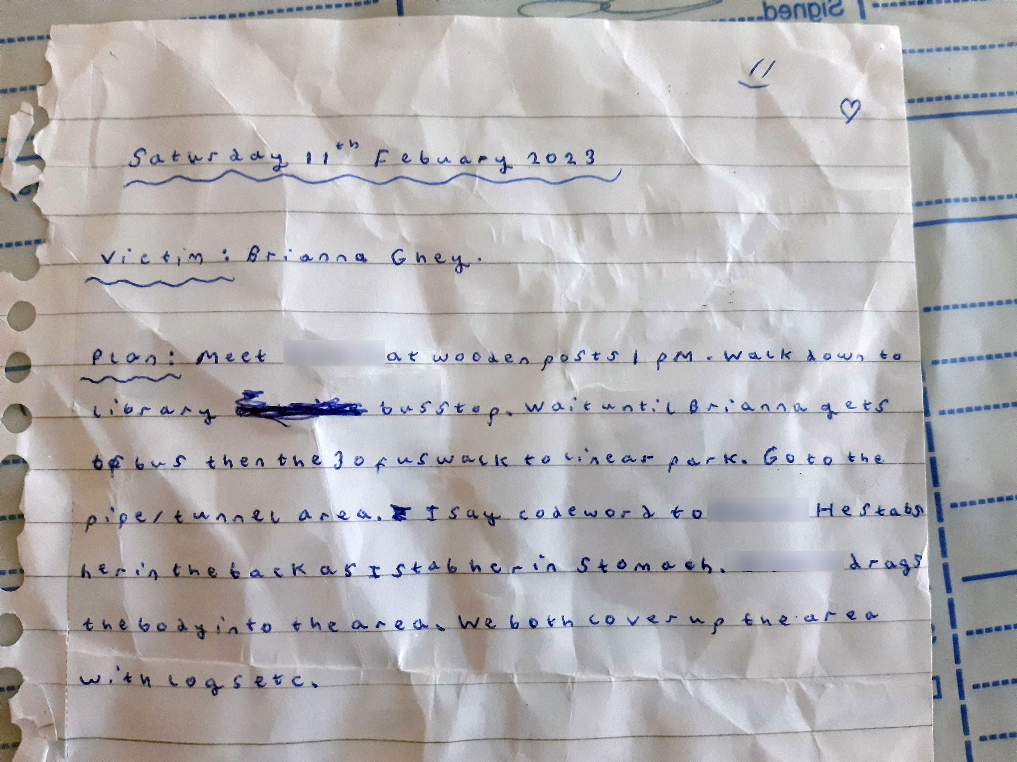 A crumpled, hand-written note of an alleged 'murder plan' to kill transgender teen Brianna Ghey, 16, which was found on the bedroom floor of girl X, Manchester Crown Court heard