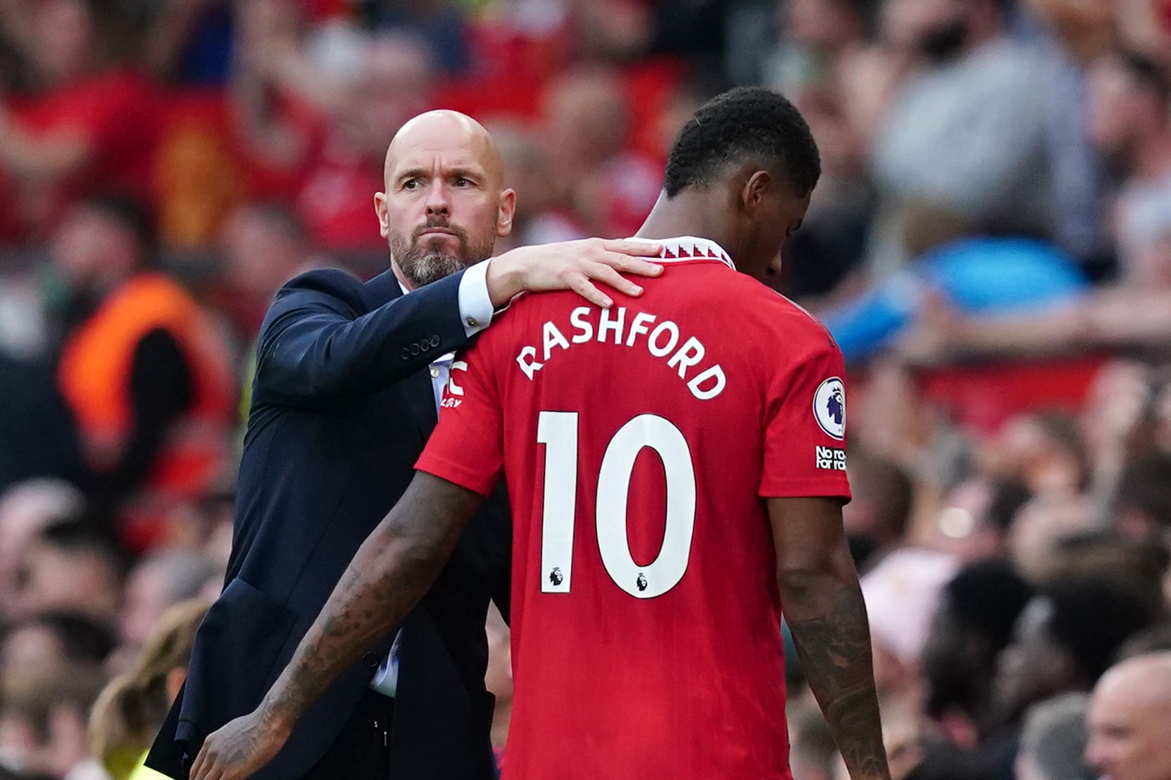 Erik ten Hag (left) says Marcus Rashford is an ‘incredible player’ despite a dip in form (Martin Rickett/PA)