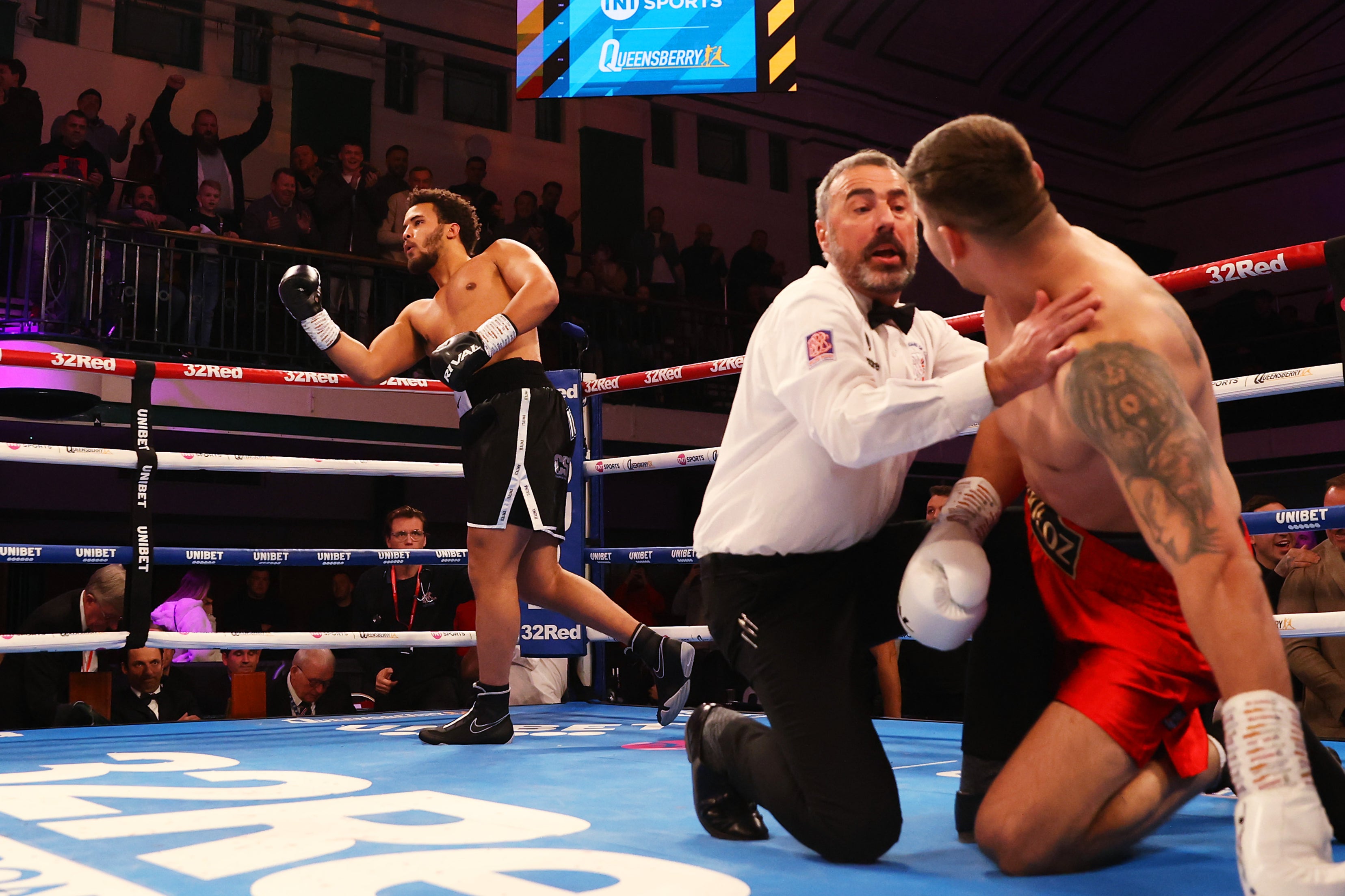 Moses Itauma (left) celebrates his knockout of Michal Boloz on 1 December