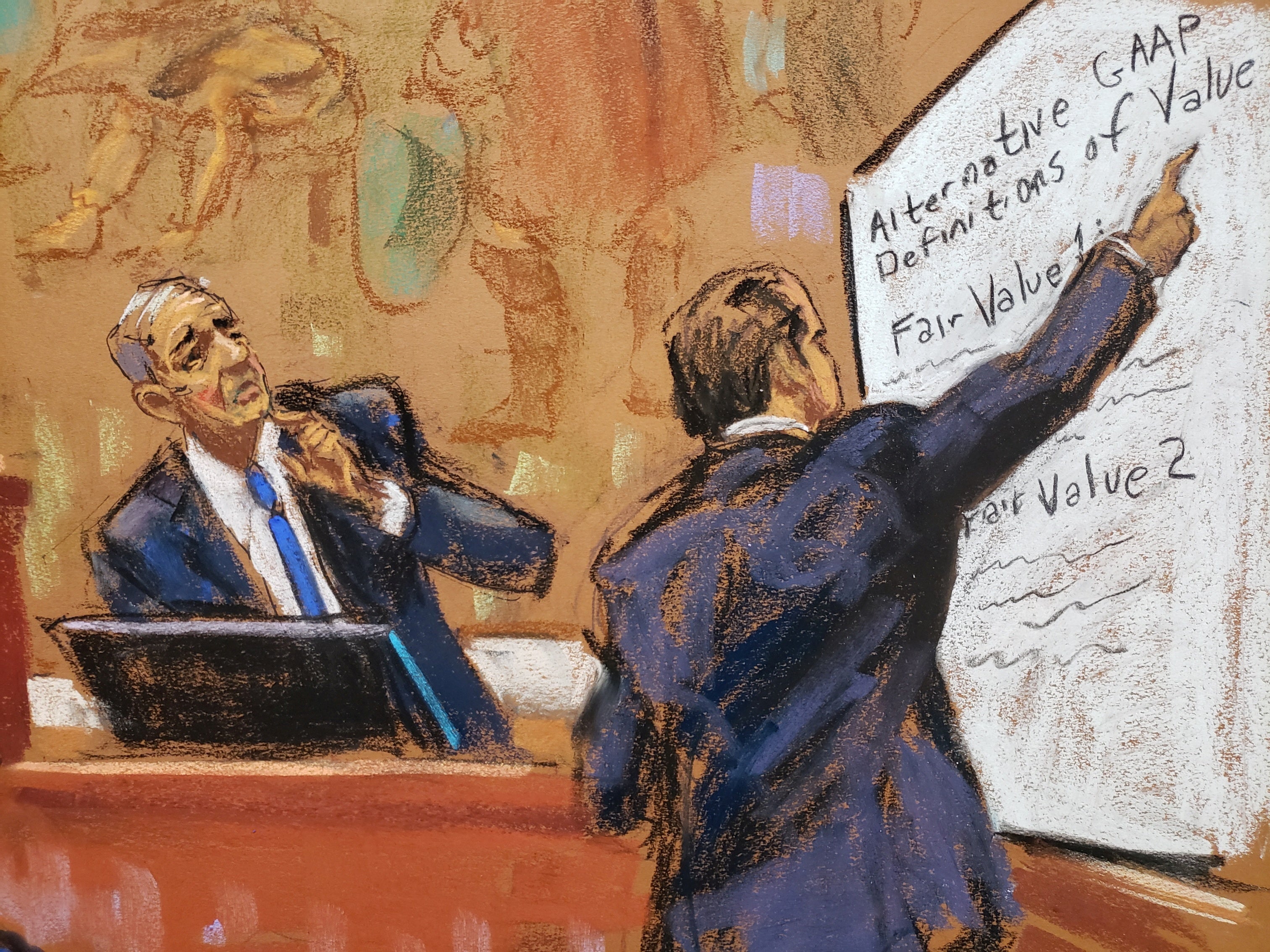 Eli Bartov, left, testifies during Donald Trump’s civil fraud trial in New York under questioning from defence attorney Jesus Suarez on 7 December.