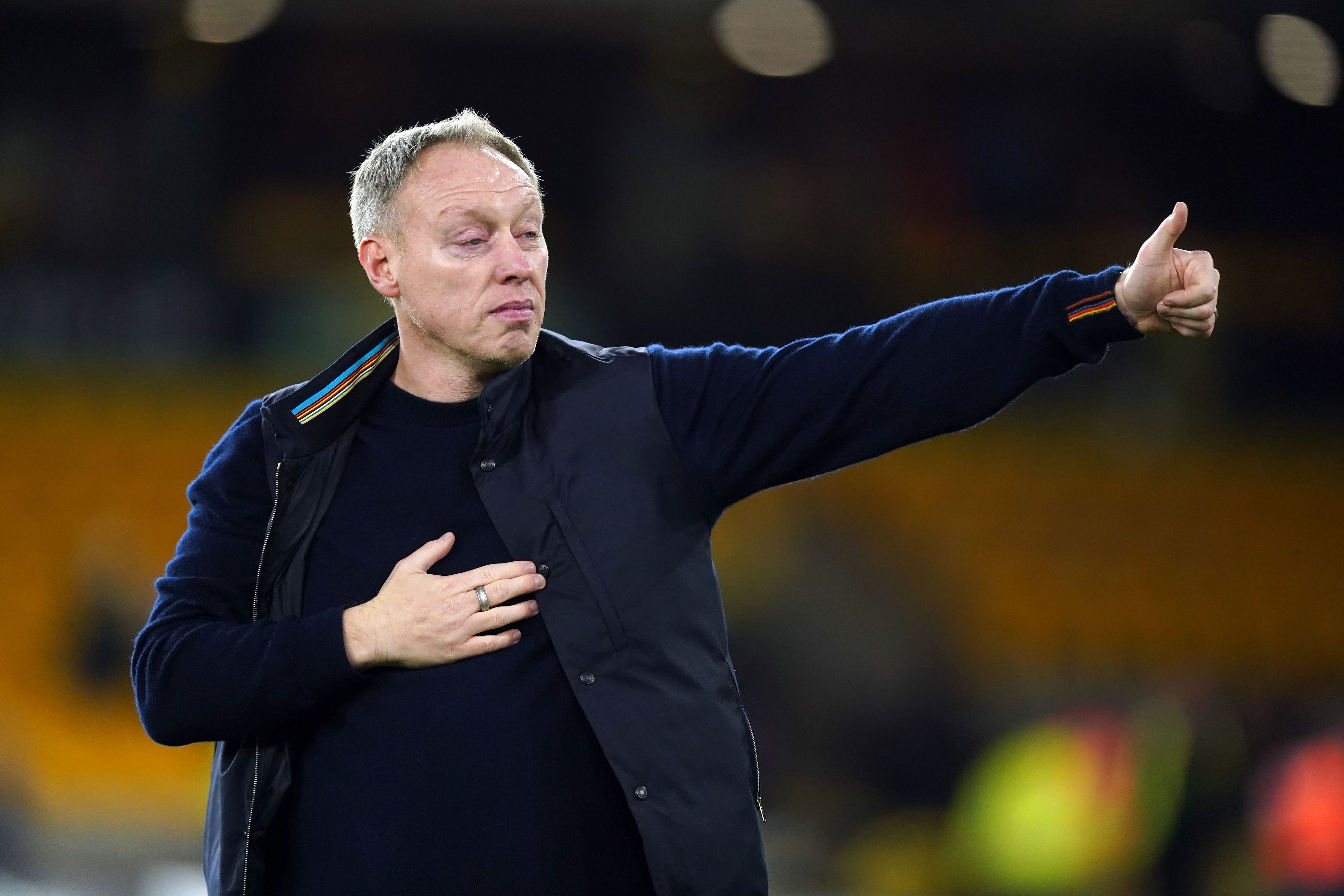 Nottingham Forest manager Steve Cooper salutes the fans at full time. (Mike Egerton/PA)