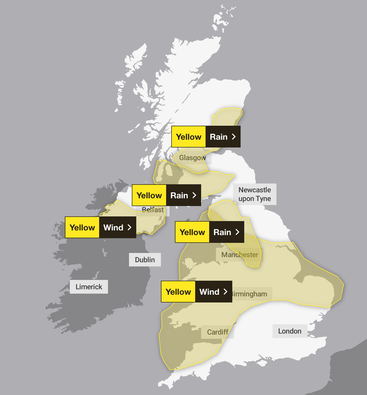 There are five yellow weather warnings in place on Saturday as Storm Elin and Fergus batter the UK