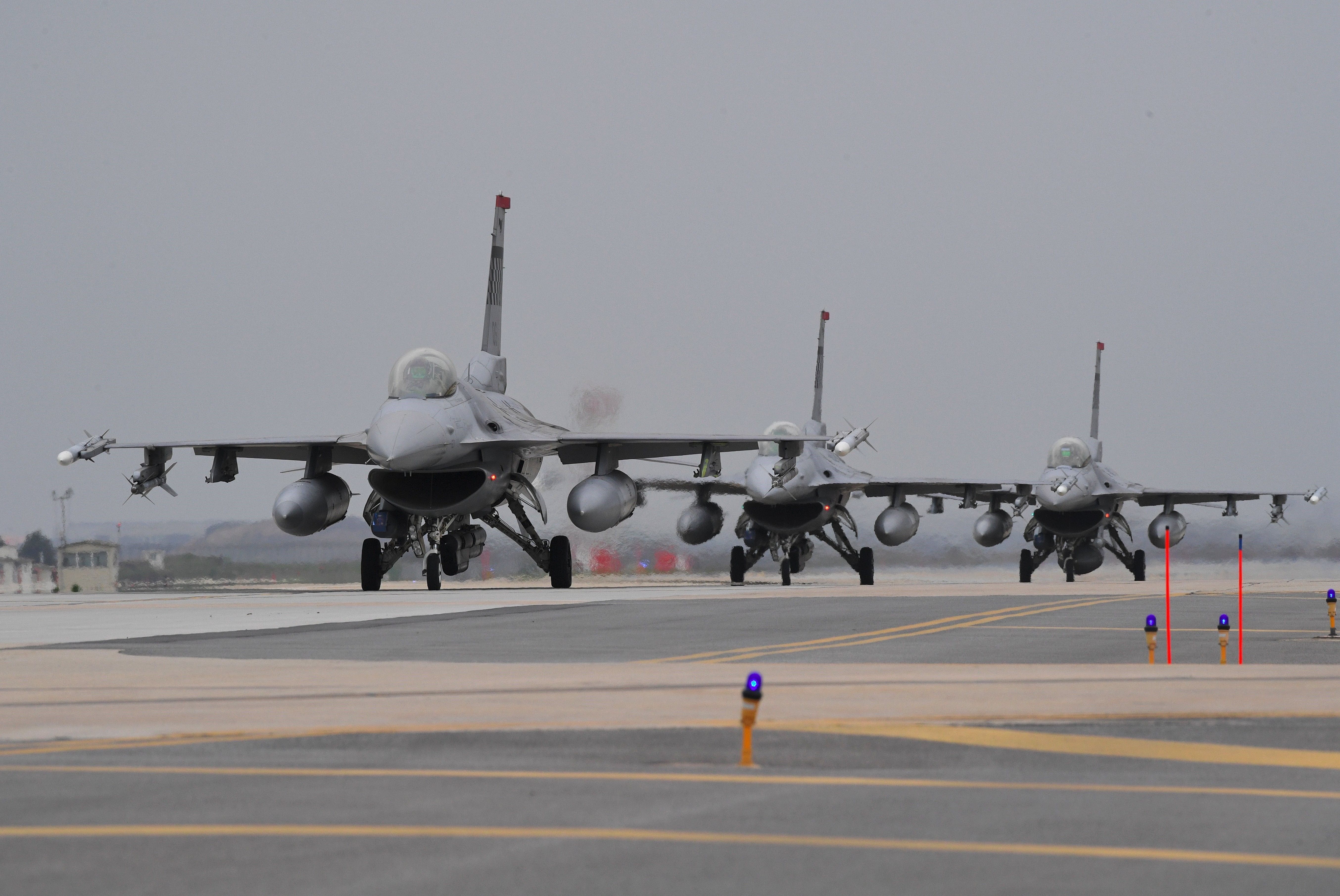 US Air force F-16 jet fighters taxi for take off during the “Max Thunder” South Korea-US military joint air exercise at a US air base in the southwestern port city of Gunsan in 2017