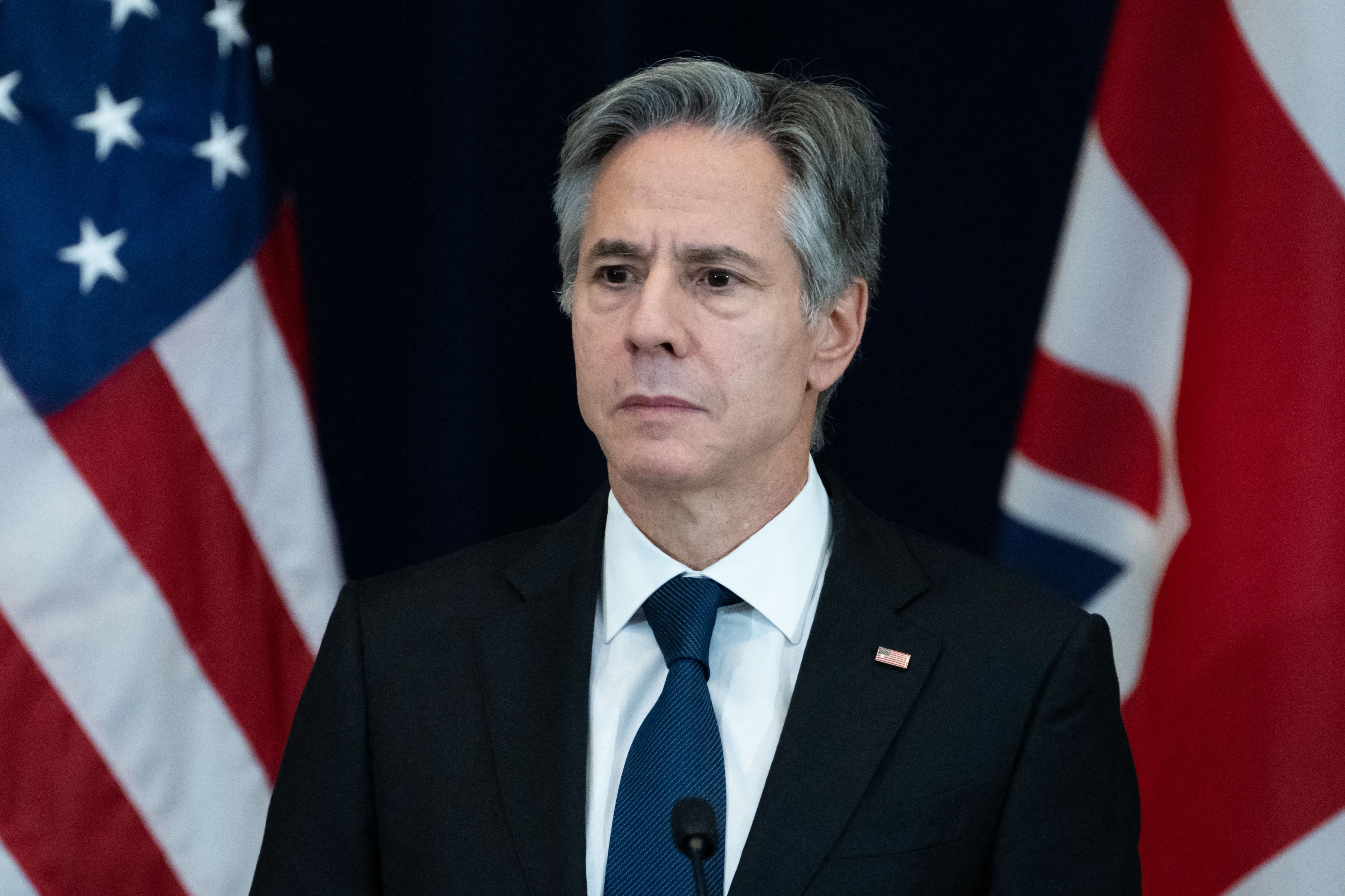 US Secretary of State Antony Blinken speaks during a press conference with British Foreign Secretary David Cameron at the State Department in Washington, DC, on December 7, 2023