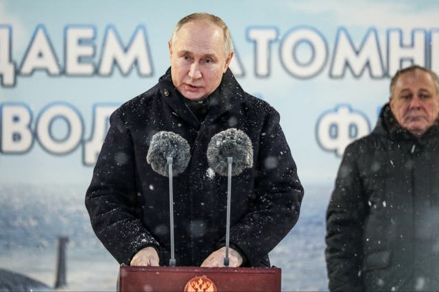 <p>Putin delivers a speech as he attends a ceremony for newly-built nuclear submarines at the Sevmash shipyard earlier this month </p>